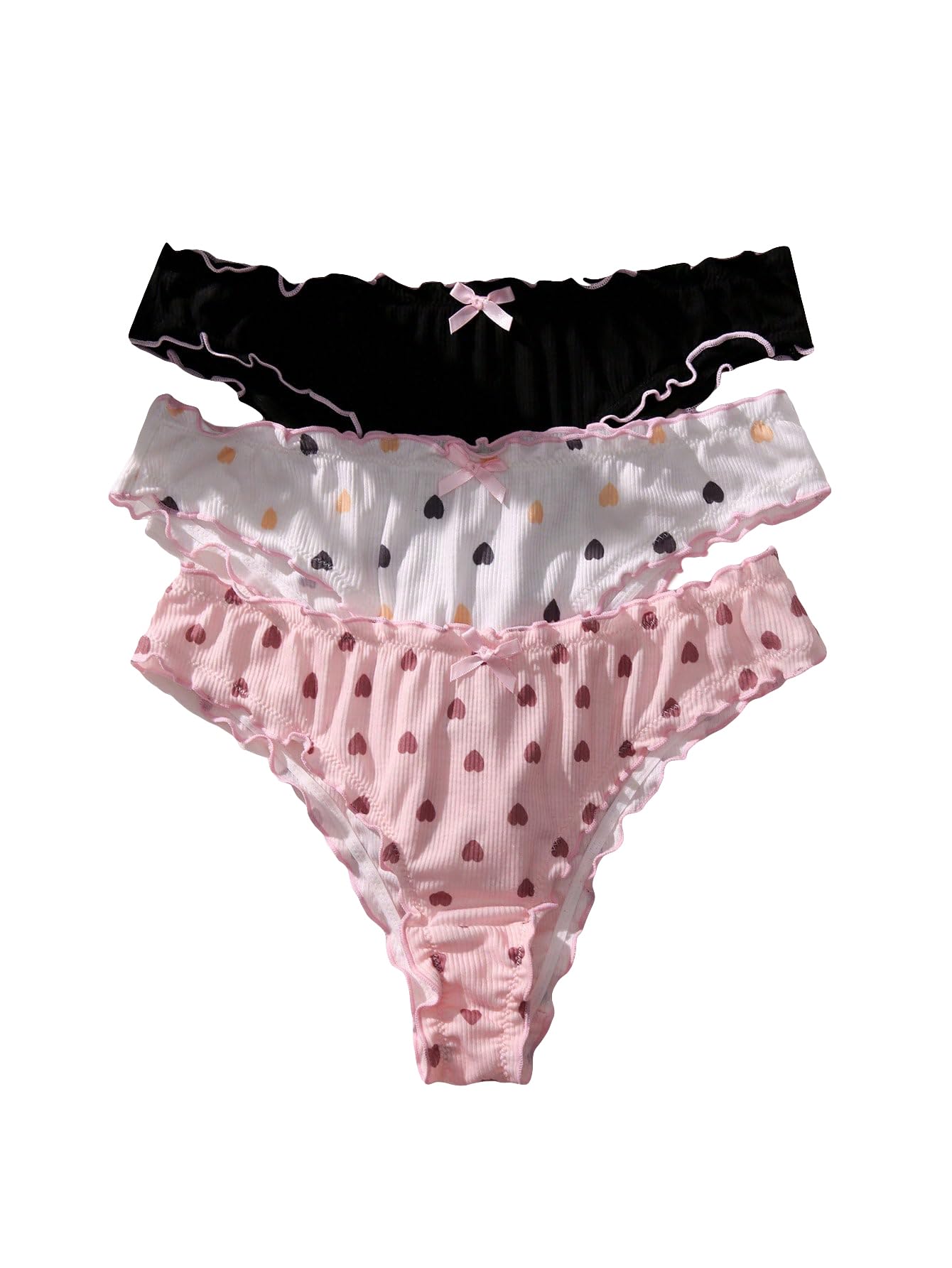 SHENHE Women's 3 Packs Underwear Heart Print Cute Panties Lettuce Trim Mid Rise Comfy Briefs: Large Black White Pink