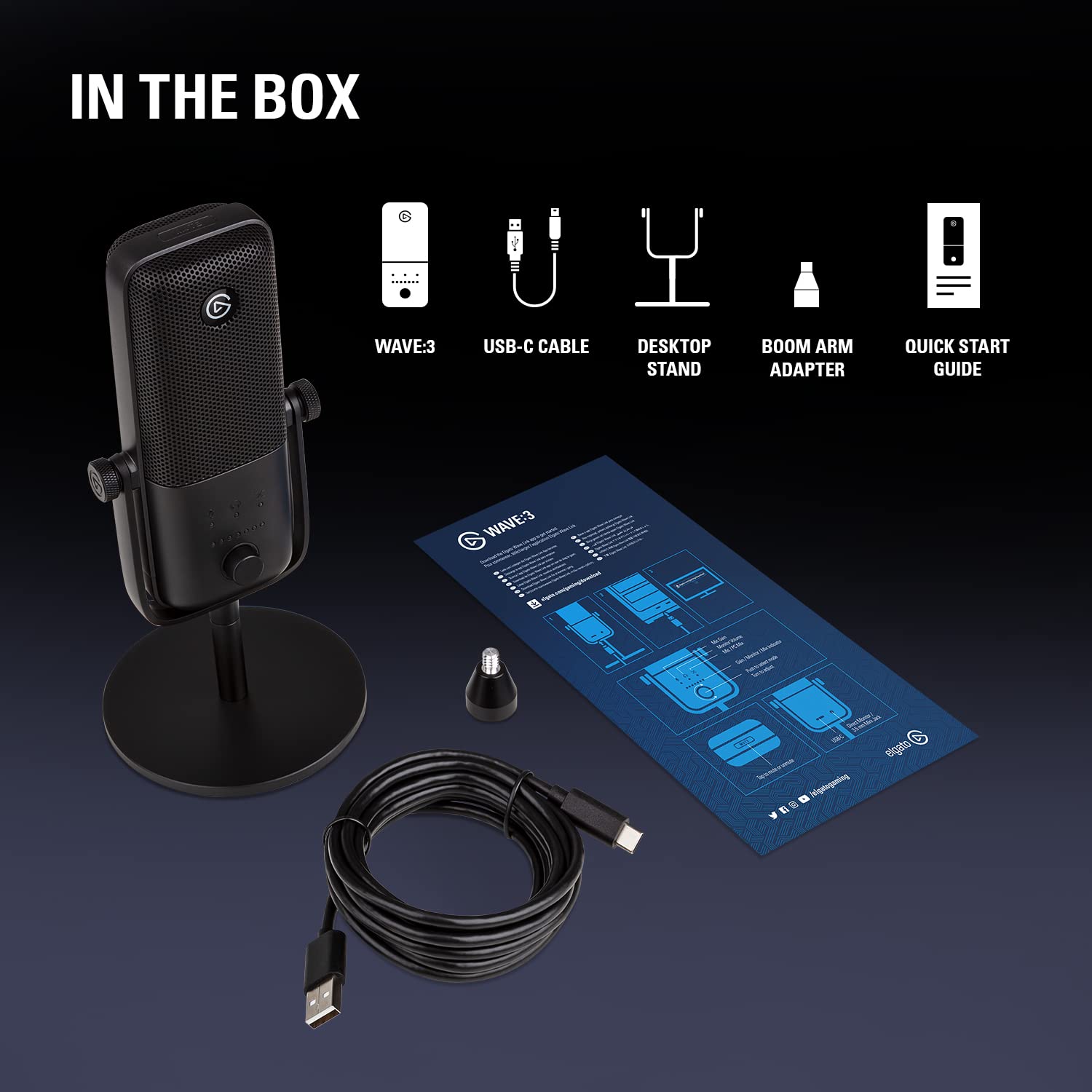 Elgato Wave:3 - Premium Studio Quality USB Condenser Microphone for Streaming, Podcast, Gaming and Home Office, Free Mixer Software, Sound Effect Plugins, Anti-Distortion, Plug ’n Play, for Mac, PC: Black Microphone