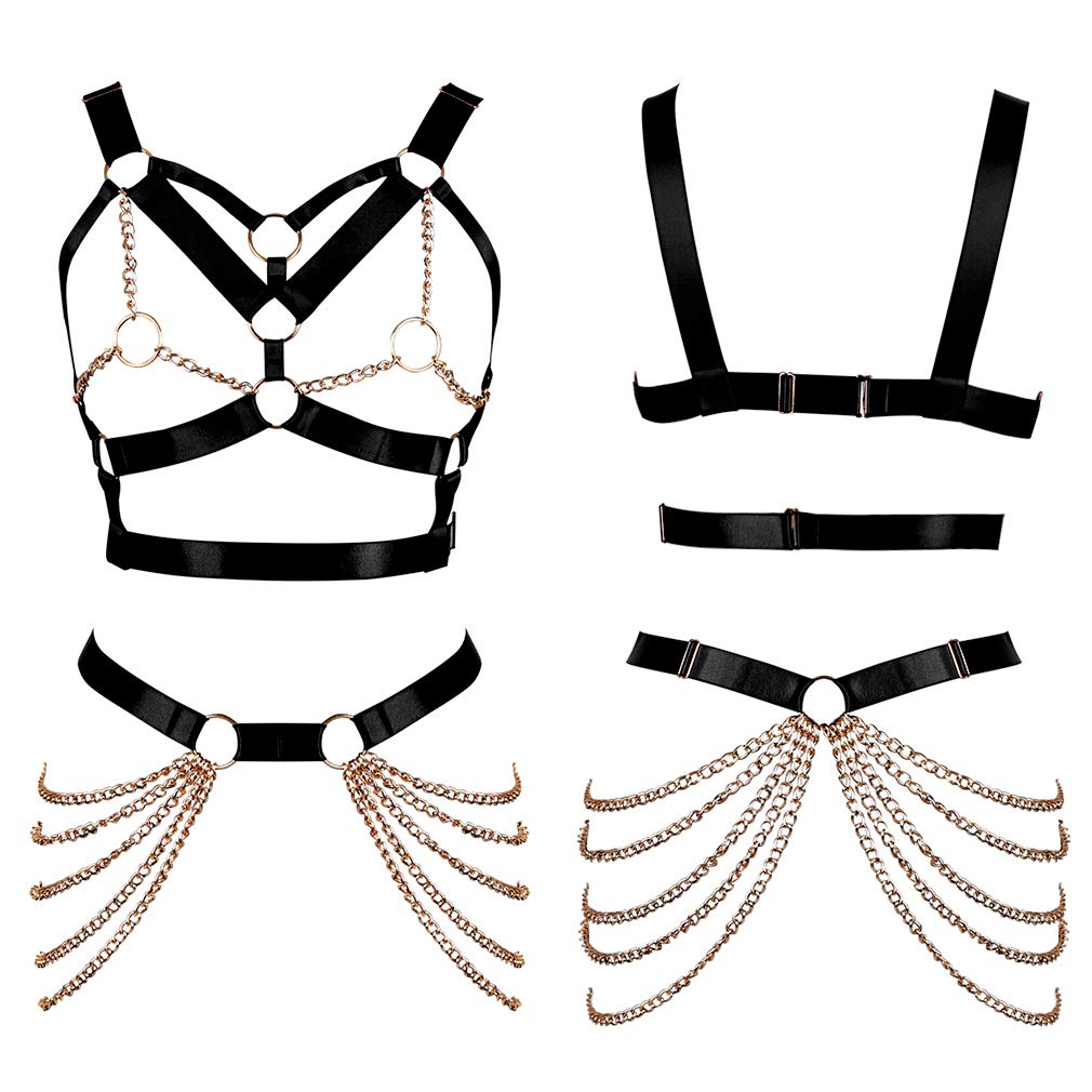 Women's Body Harness Bra Punk Garter Belt Elastic Adjustable Metal Chain Bra Dance Carnival Gothic Costume Accessories: Black