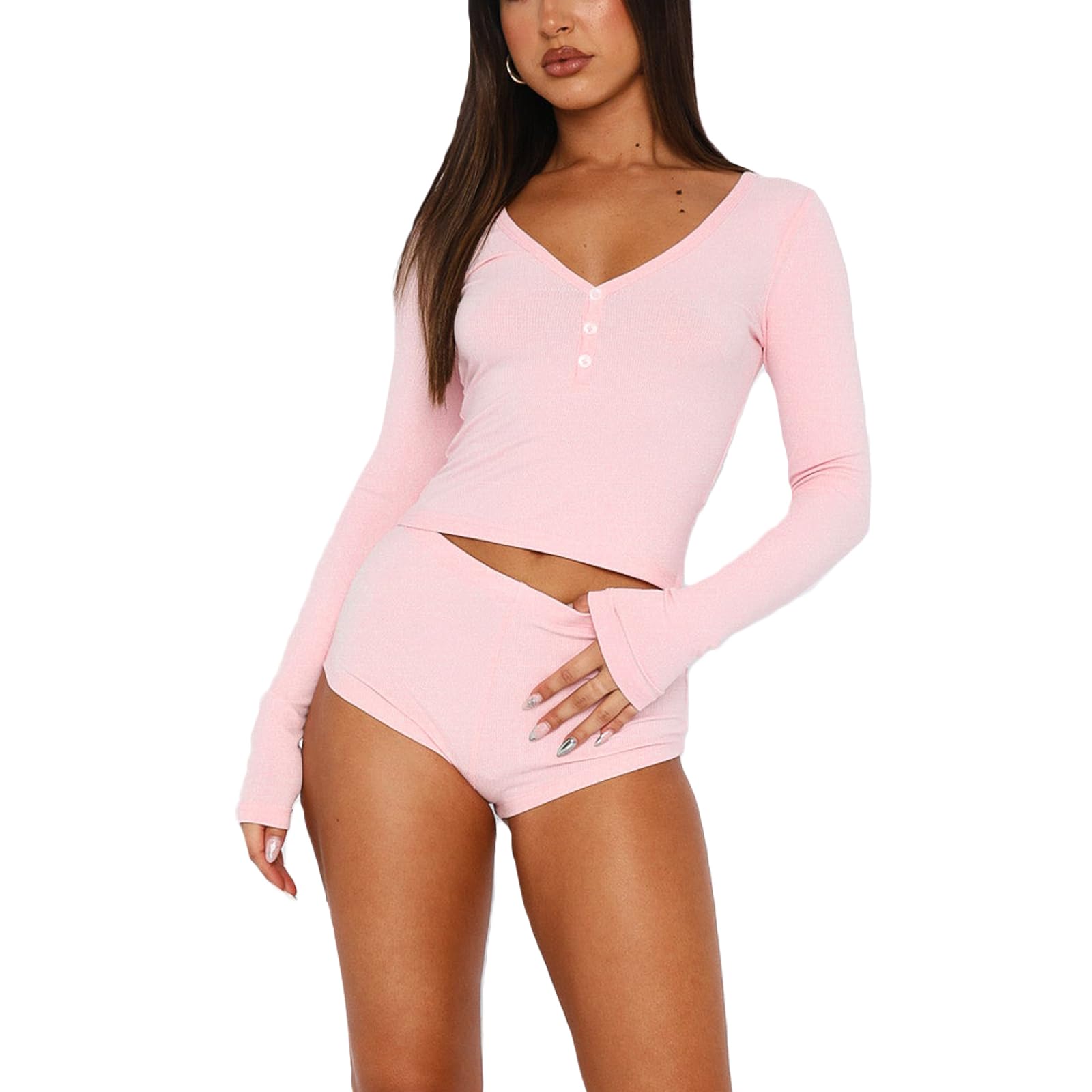 Multitrust Women Two Piece Lounge Set Long Sleeve Crop Tops and High Waist Shorts Ribbed Matching Pajamas Sets Loungewear: Large Pink