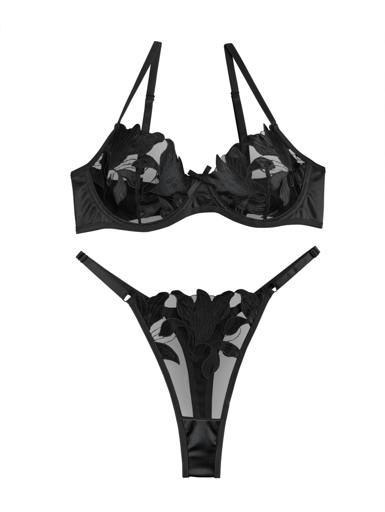Lilosy Sexy Satin Mesh Floral Sheer Embroidered Underwire Lingerie Set 2 Piece Women thumbnail 1