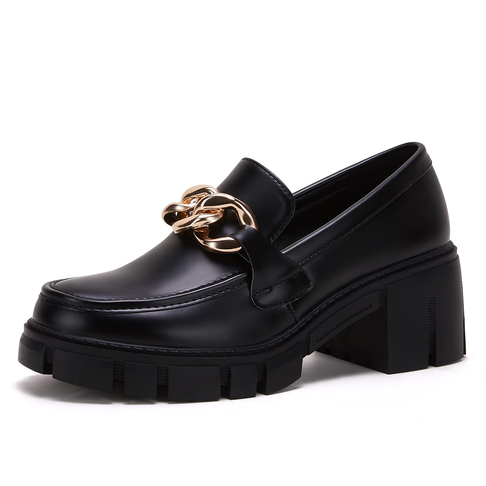 TINSTREE Platform Loafers for Women with Chain Comfort Chunky Heel Slip On Round Toe Business Work Shoes thumbnail 1