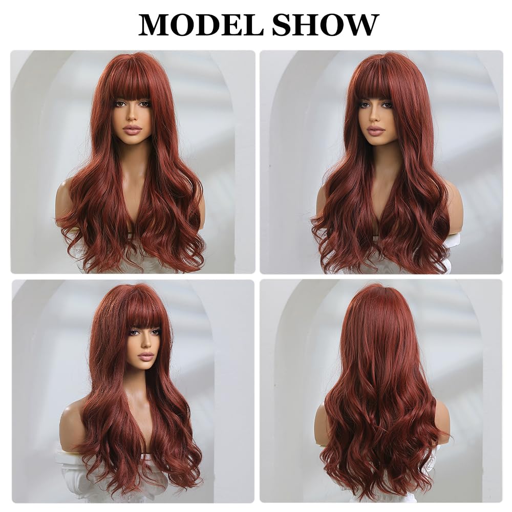 Esmee 24 Inches Long Straight Auburn Layered Natural Synthetic Hair Wigs for Women with Dark Roots for Daily Party Use: Burgundy 24 Inch