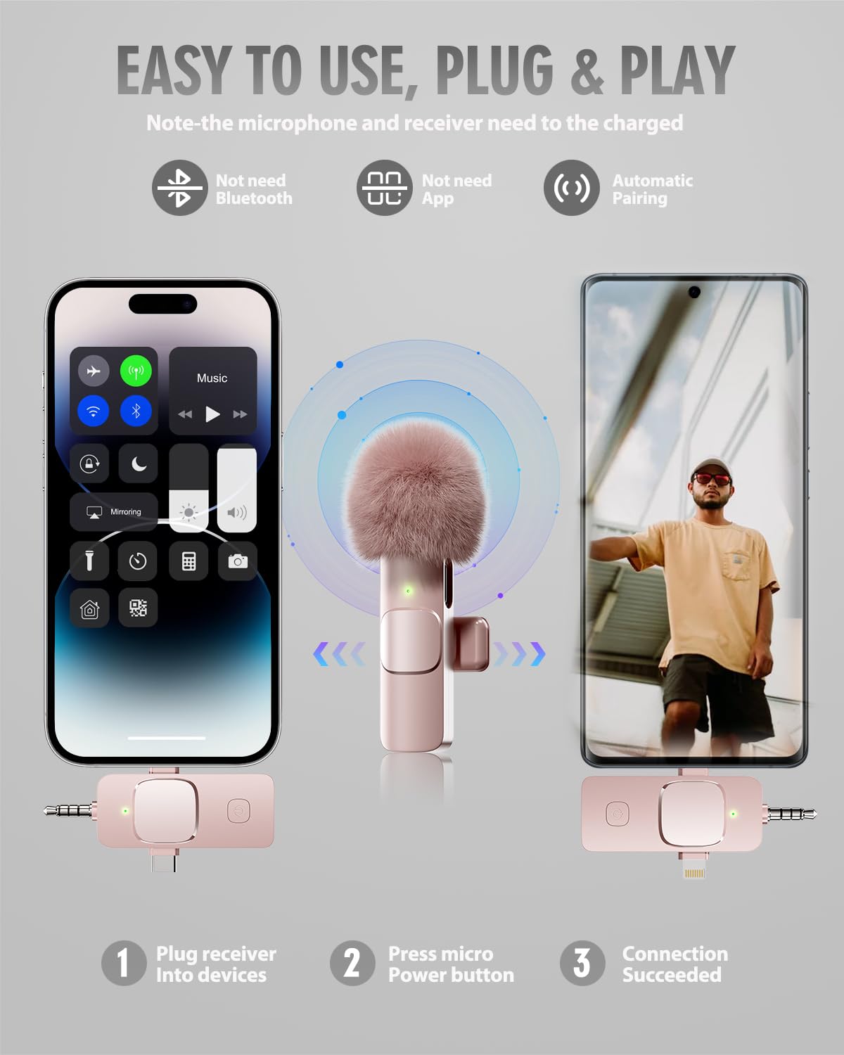 PQRQP 3 in 1 Wireless Lavalier Microphones for iPhone, iPad, Android, Camera, USB-C Microphone, 7-Hour Battery, Mini Microphone with Noise Reduction for Video Recording, Vlog, YouTube, TikTok: PQRQP 3 in 1 Wireless Lavalier Microphones for iPhone, iPad, Android, Camera, Mini Microphone, 7-Hour Battery, High Definition Sound Quality for Interview, Video Podcast, Vlog (Pink)