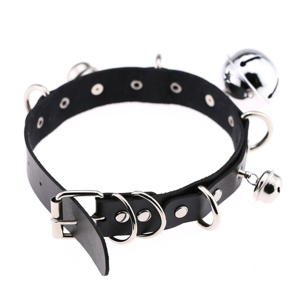 FM FM42 Multicolor PU Simulated Leather Black-tone Silver-tone 4cm Large Bell Rivets Neckband Choker Necklace: Silver-tone Bell &amp; Green