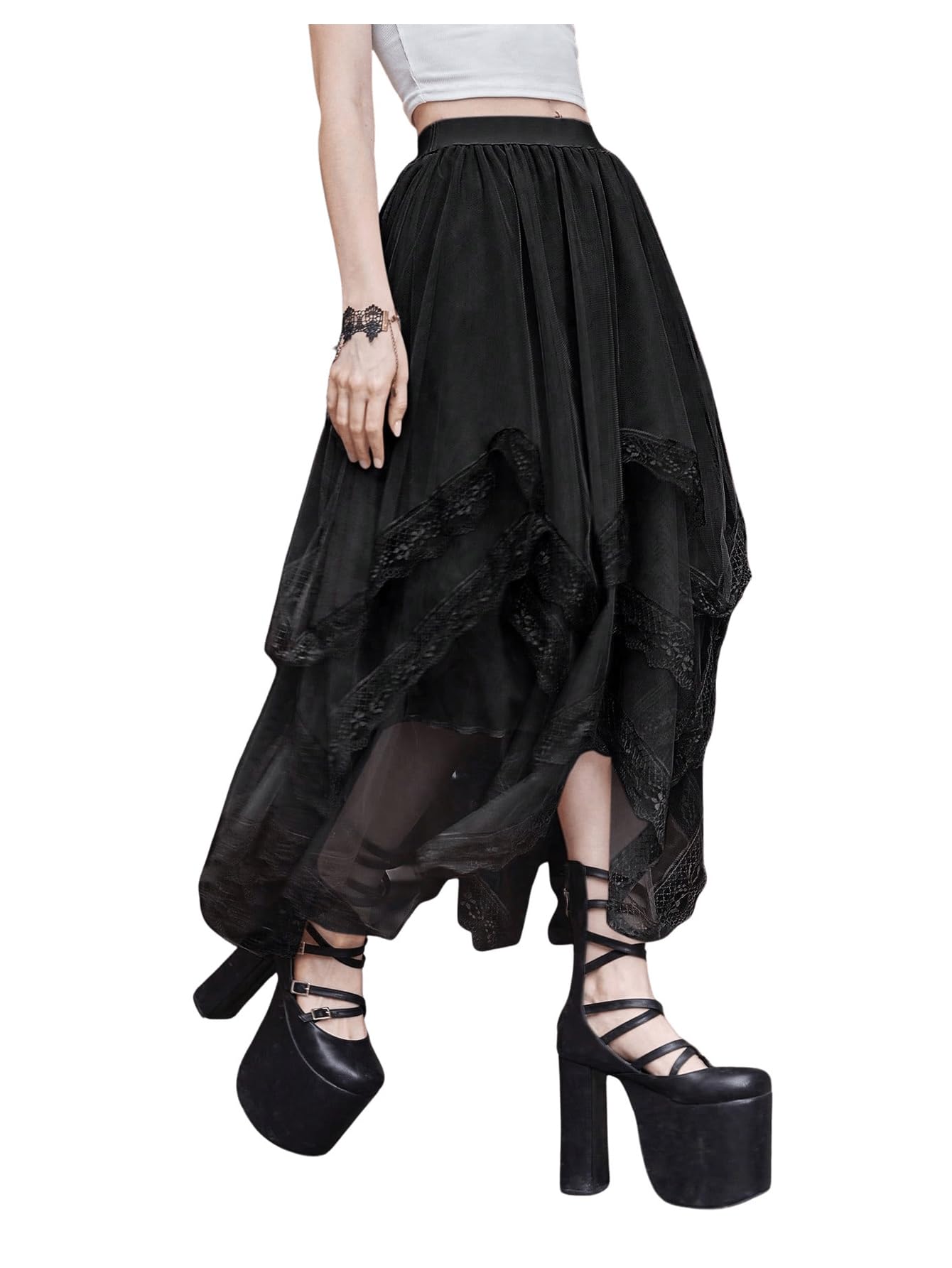 SHENHE Women's Lace Trim Layered Mesh Tulle Skirt High Waist Asymmetrical Long Goth Skirt