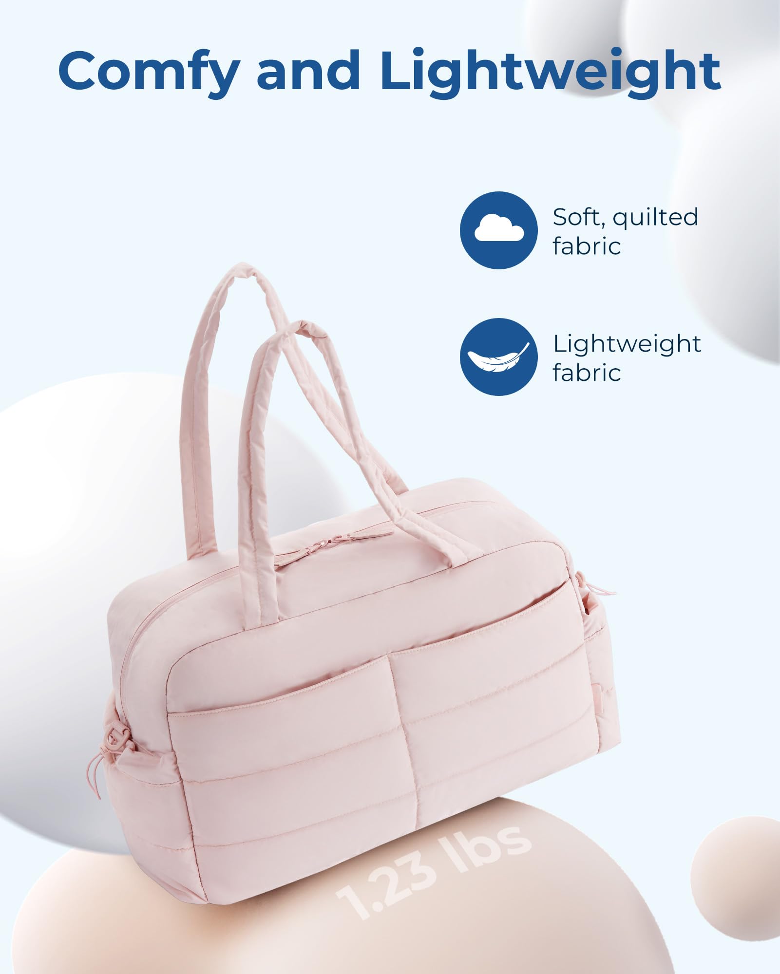 BAGSMART Gym Bag for Women, 31L Travel Duffle Bag Puffer Tote Quilted Laptop Carry on, Weekender Overnight Organizer for Travel, Water Resistant, Dark Pink: Baby Pink