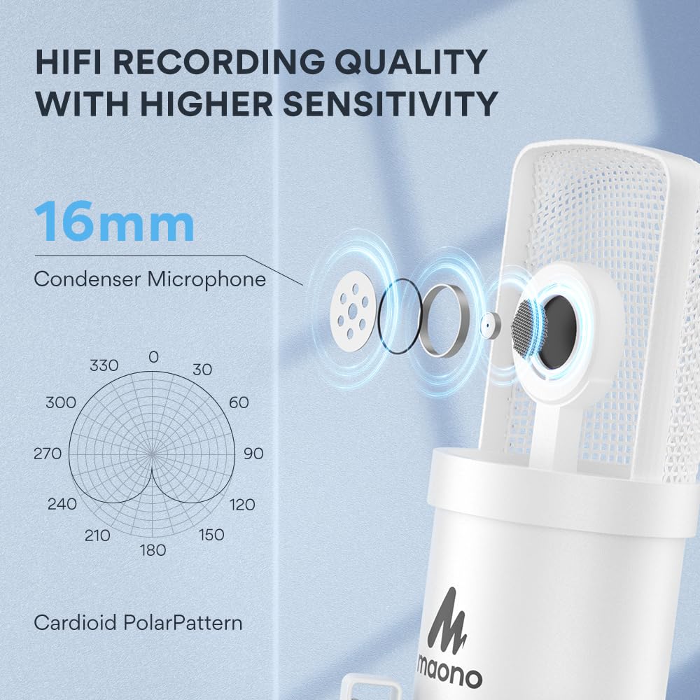 USB Microphone, MAONO 192KHZ/24Bit Plug & Play PC Computer Podcast Condenser Cardioid Metal Mic Kit with Professional Sound Chipset for Recording, Gaming, Singing, YouTube (AU-A04): White