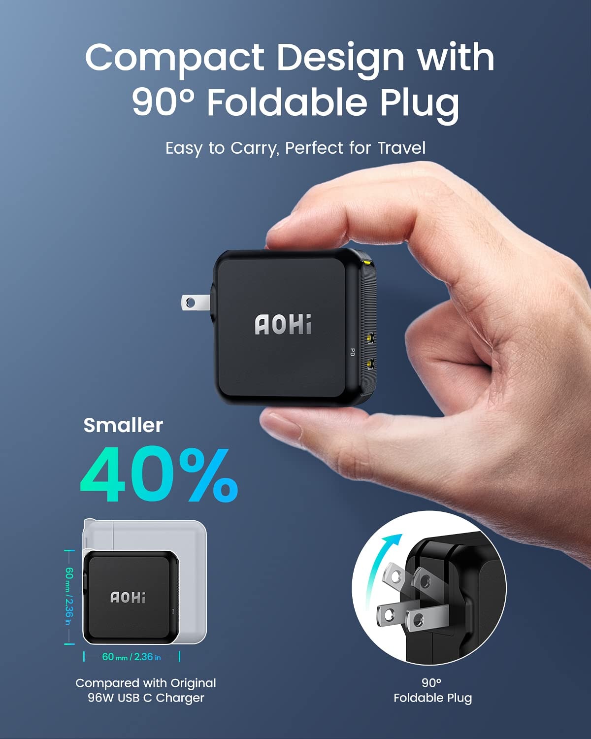 AOHI Magcube 140W USB C Charger PD3.1 3-Port GaN+ Laptop Wall Charger 100W Fast Charging Power Adapter Foldable Plug for MacBook Pro 16'', Dell XPS, iPad Pro, Galaxy, iPhone 15 Pro, Chromebook, - Image 4