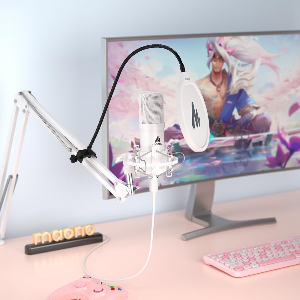 USB Microphone, MAONO 192KHZ/24Bit Plug & Play PC Computer Podcast Condenser Cardioid Metal Mic Kit with Professional Sound Chipset for Recording, Gaming, Singing, YouTube (AU-A04): White