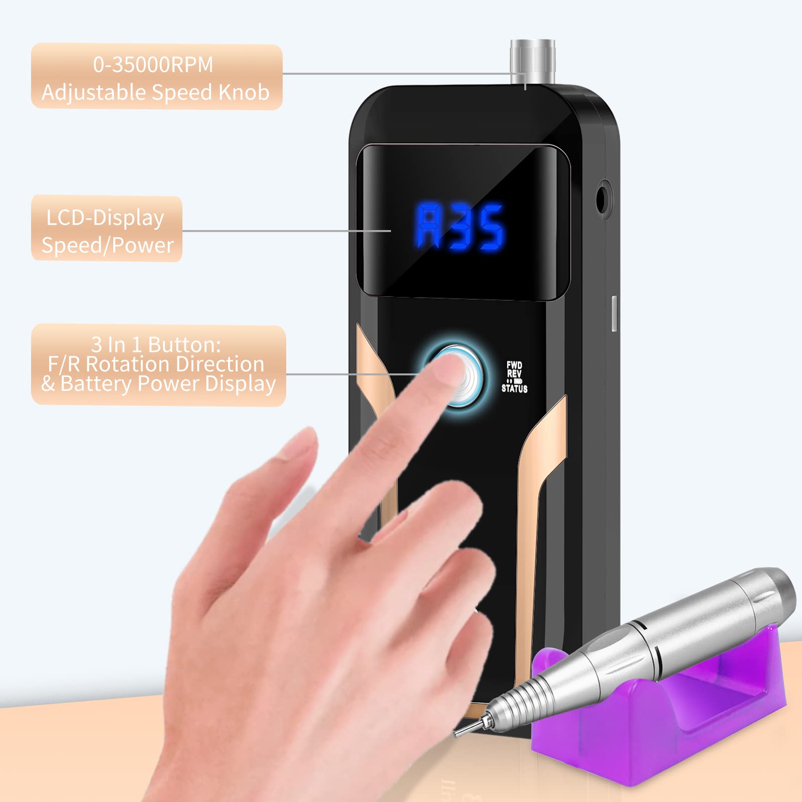 Portable Nail Drill Professional 35000 RPM, MOCOWIND Rechargeable Electric Nail File Machine E File for Acrylic Gel Polishing Removing, Cordless E-File with Bits Kit for Manicure Salon Home,: Black