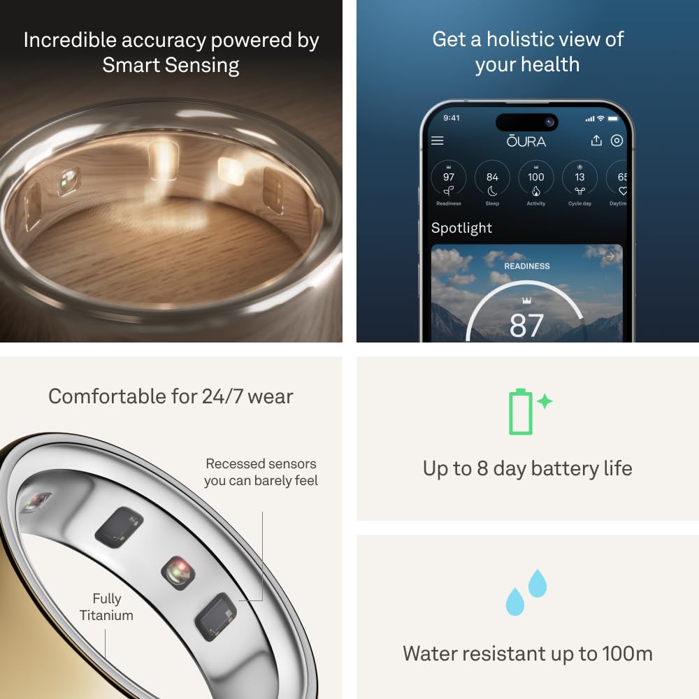 Oura Ring 4 - Gold - Size 7 - Smart Ring - Size First with Oura Ring 4 Sizing Kit - Sleep Tracking Wearable - Heart Rate - Fitness Tracker - Up to 8 Days of Battery Life: Gold 7