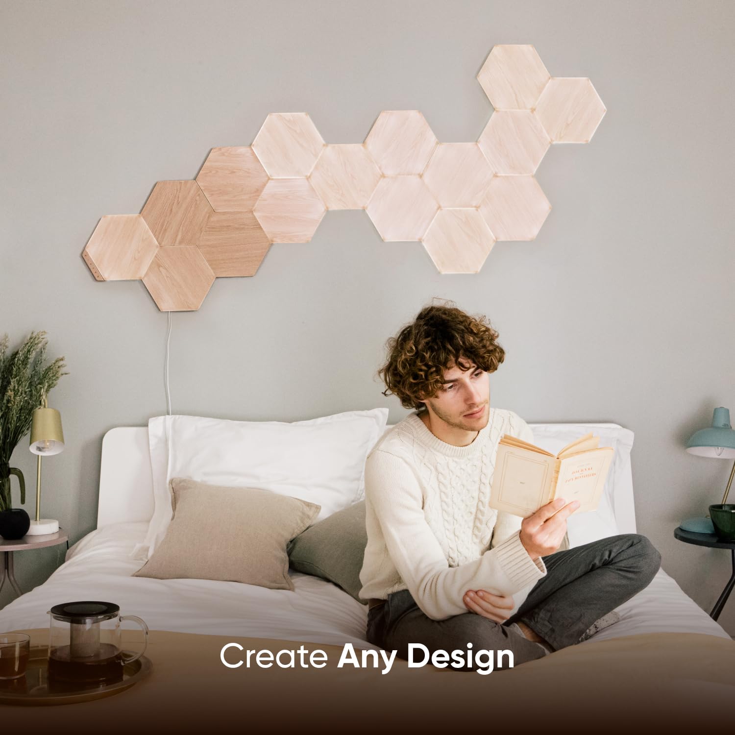 Nanoleaf Elements Wood Look Smart Wall Lights, Hexagon LED Wall Lights Work with Alexa Google Assistant, Home Wall Decor for Living Room with Music Sync, Touch Control, Ambient White 1500-4000K, 7 PK: Smarter Kit (13 Panel)