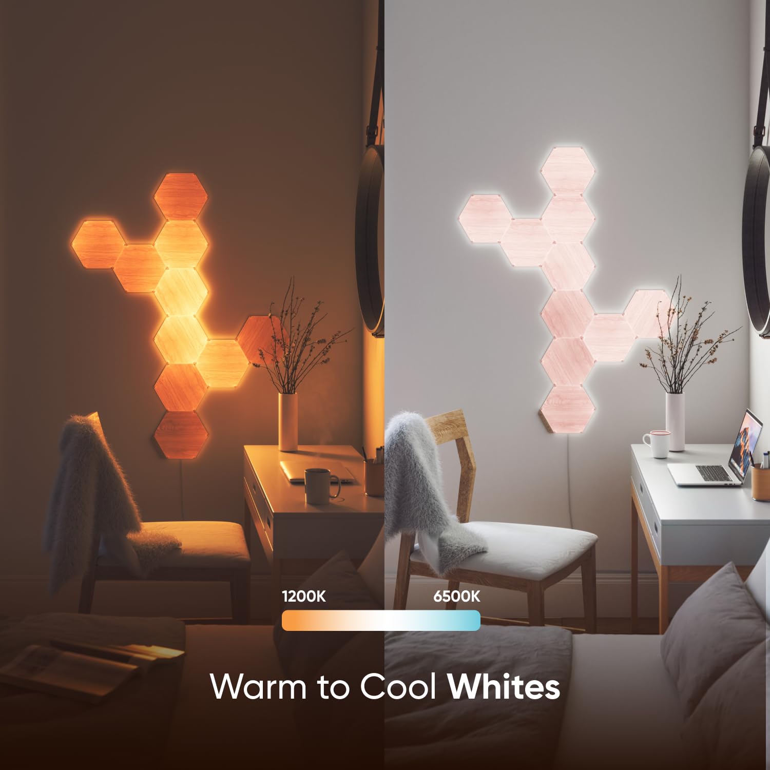 Nanoleaf Elements Wood Look Smart Wall Lights, Hexagon LED Wall Lights Work with Alexa Google Assistant, Home Wall Decor for Living Room with Music Sync, Touch Control, Ambient White 1500-4000K, 7 PK: Smarter Kit (13 Panel)
