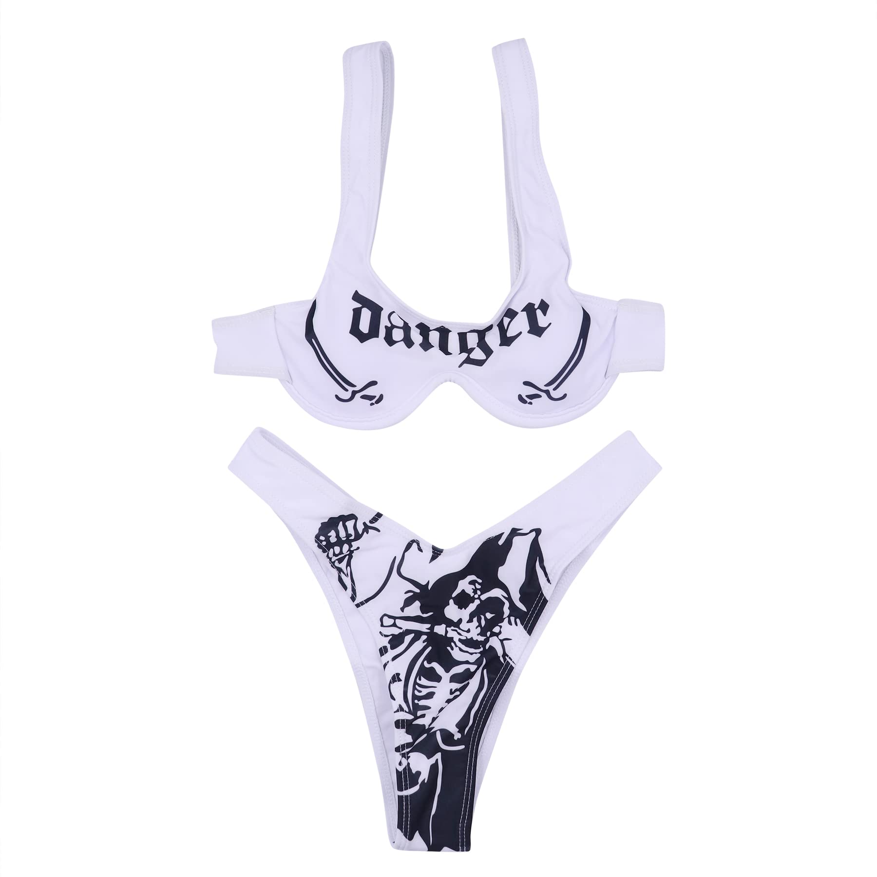 ANKOMINA Women Gothic Skull Letter Printed Two Piece Swimsuit High Cut Triangle Bikini Set for Rave Party Festival Halloween: Small White F