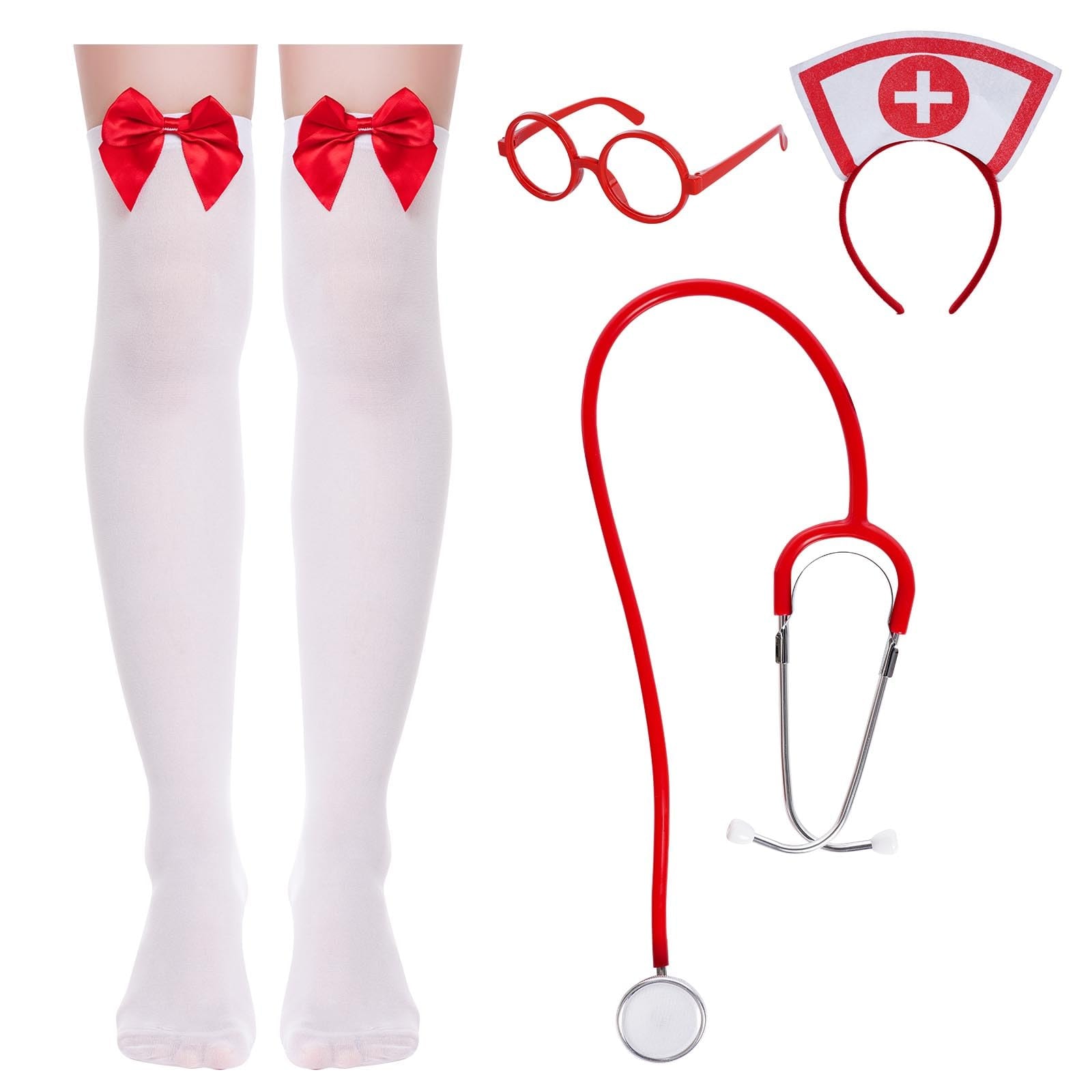 mifengda Nurse Costume Halloween Women Costume Accessories Red Nurse Hat Headband Cosplay Outfit Set Includes Headband Glasses Stethoscope High Sock for Halloween Cosplay Party: mifengda Nurse Costume Halloween Women Costume Accessories Red Nurse Hat Headband Cosplay Outfit Set Includes Headband Glasses Stethoscope High Sock for Halloween Cosplay Party