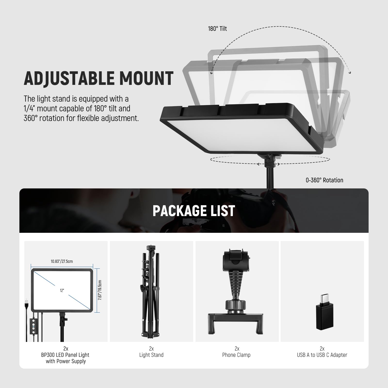 Neewer 13" Led Video Light Panel Kit, 2 Pack Dimmable Bi Color Soft Key Lighting with Tripod Stand, 8000mAh Battery, 3200~5600K CRI97+ 2400Lux for Game/Streaming/YouTube Recording/Studio Photography: BP300(2-Pack)
