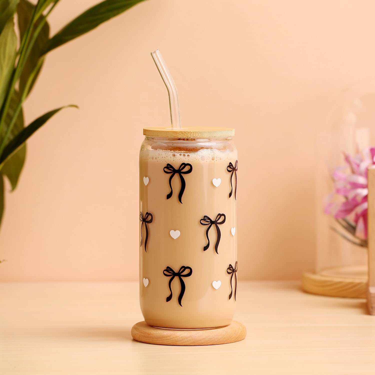 LANGASQUE Coquette  Bow Aesthetic Cup With Gift Box 16oz Glass Cup with Lids Straws and Black Bow Iced Coffee Smoothie Cute Tumbler with Cleaning Brush for Girls Bestfriend Sister Girlfriend: Black