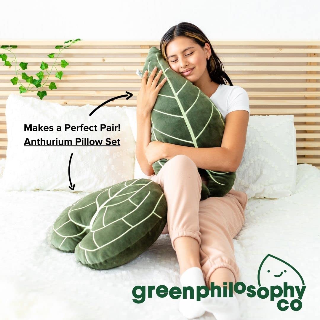 Green Philosophy Co. Plush Succulent Leaf Pillow 3D Accent Anthurium Warocqueanum Plant Throw Pillows for Couch Sofa Living Room Home Decor for Plant & Garden Lovers, Green Thumb Family & Friends