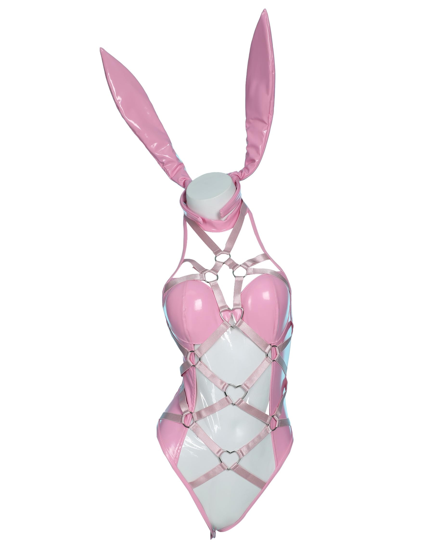 Mobbunny Women's Pink Bunny Girl Costume Heart Ring linked Bondage Lingerie Set Transparent Bodysuit: Small
