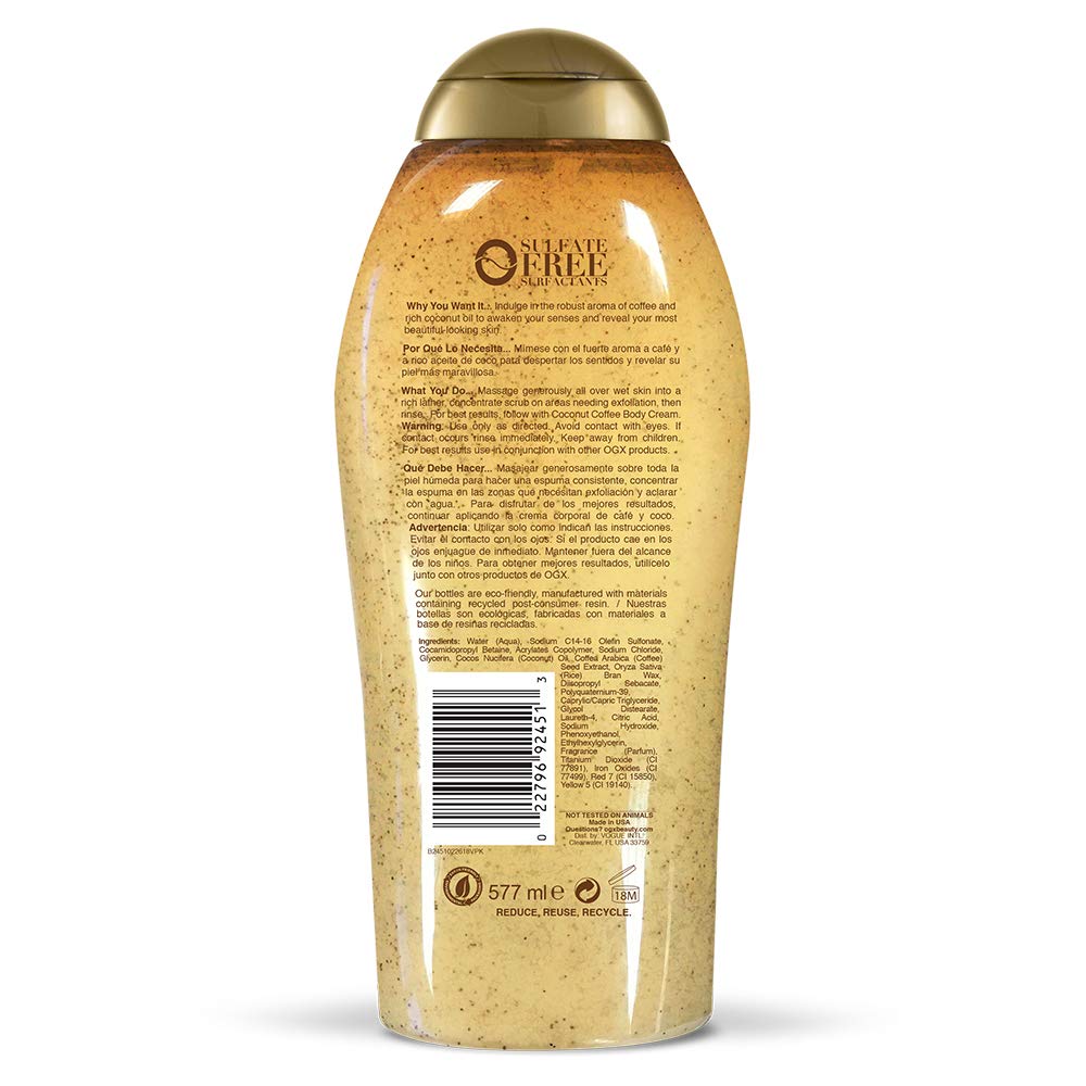 OGX Smoothing + Coconut Coffee Exfoliating Body Scrub with Arabica Coffee & Coconut Oil, Moisturizing Body Wash for Dry Skin, Paraben-Free with Sulfate-Free Surfactants, 19.5 Fl Oz: 19.5 Fl Oz (Pack of 1)