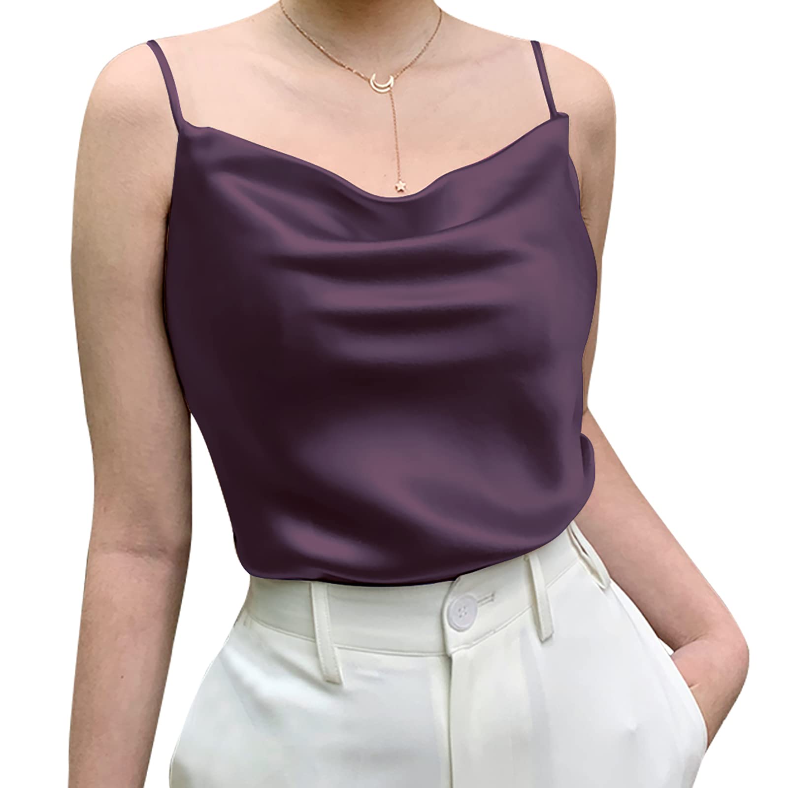 Miqieer Basic Women's Silk Tank Top Ladies V-Neck Camisole Silky Loose Sleeveless Blouse Satin Tank Shirt thumbnail 1