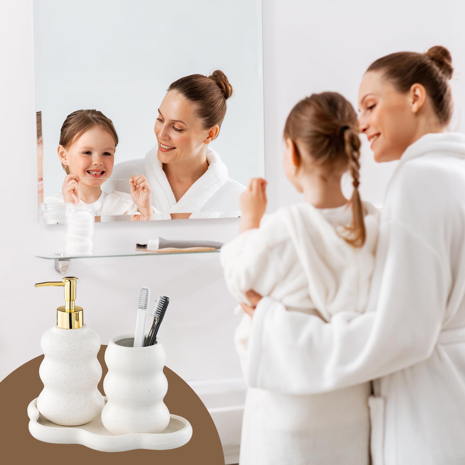 Silver Bathroom Accessory Set, 3-Piece Ceramic Bath Accessories Set with Tray, Lotion Dispenser, and Tumbler: Beige