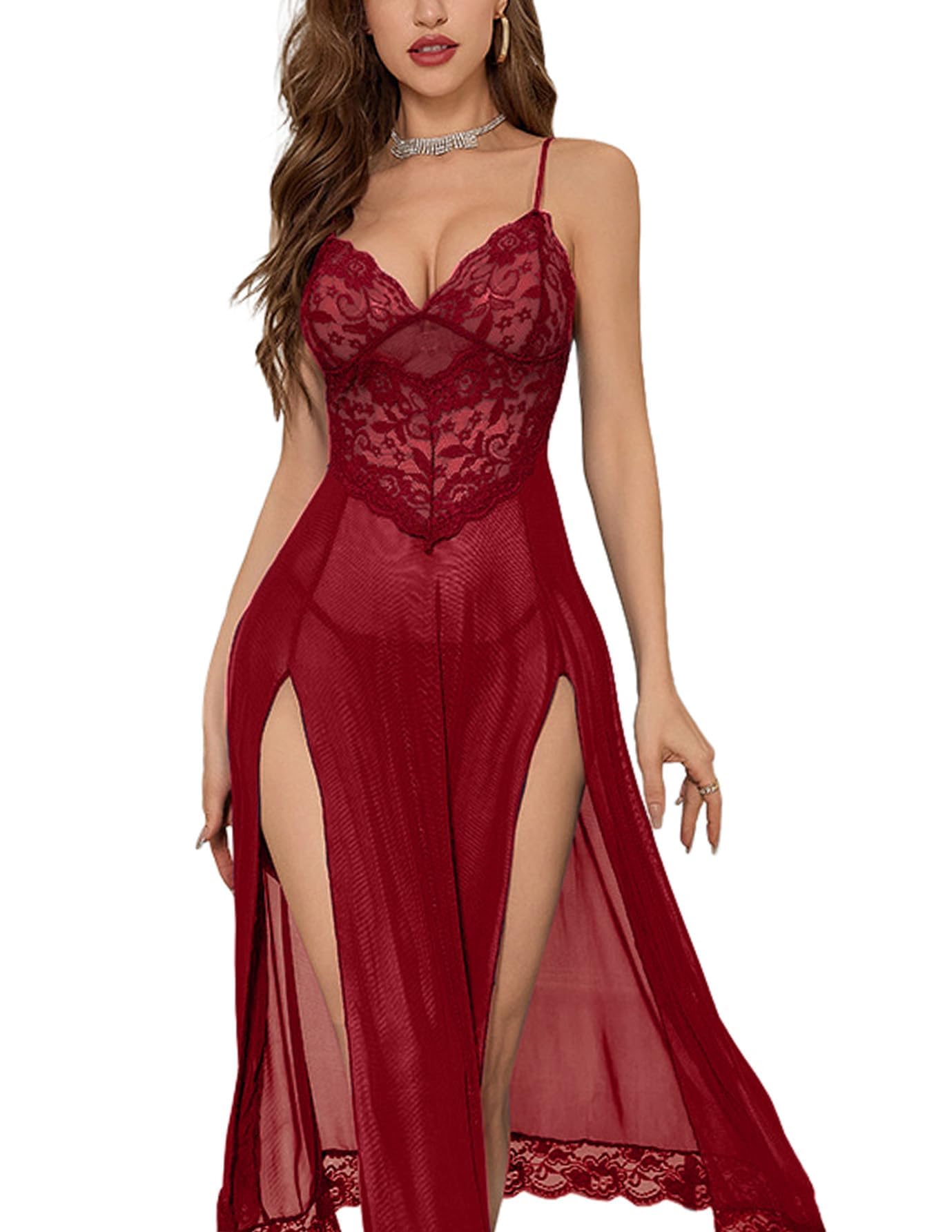 Foxiny Sexy Split Mesh Lace Floral Sheer Babydoll Lingerie Outfit Dress 2 Piece with Thong Set: Regular Large Long Wine Red