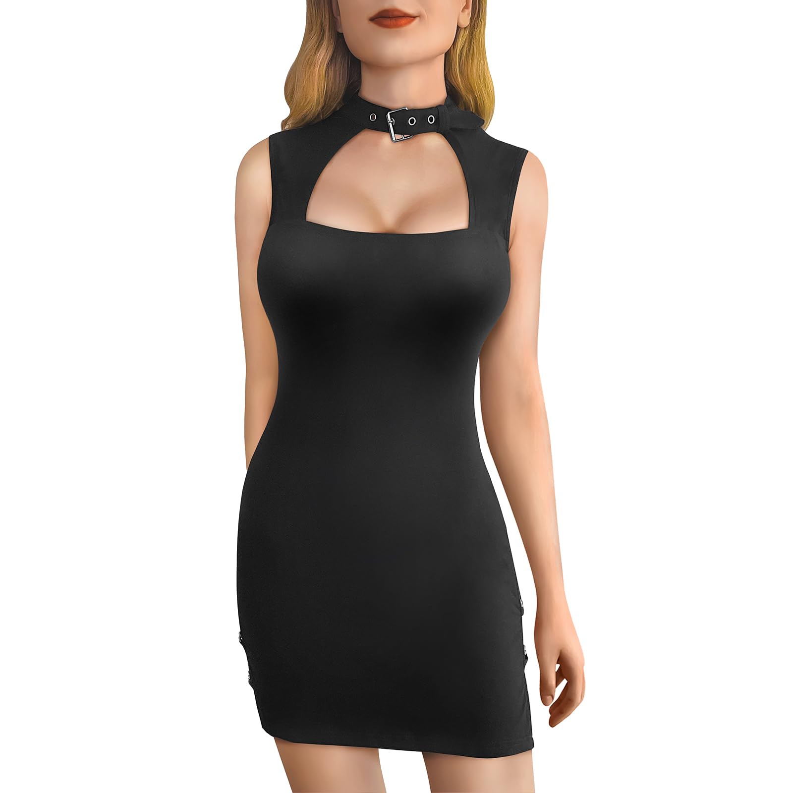 Littleforbig Women Cotton Sleeveless Cyber Goth Bodycon Collared Mini Dress Skirt: Medium Black