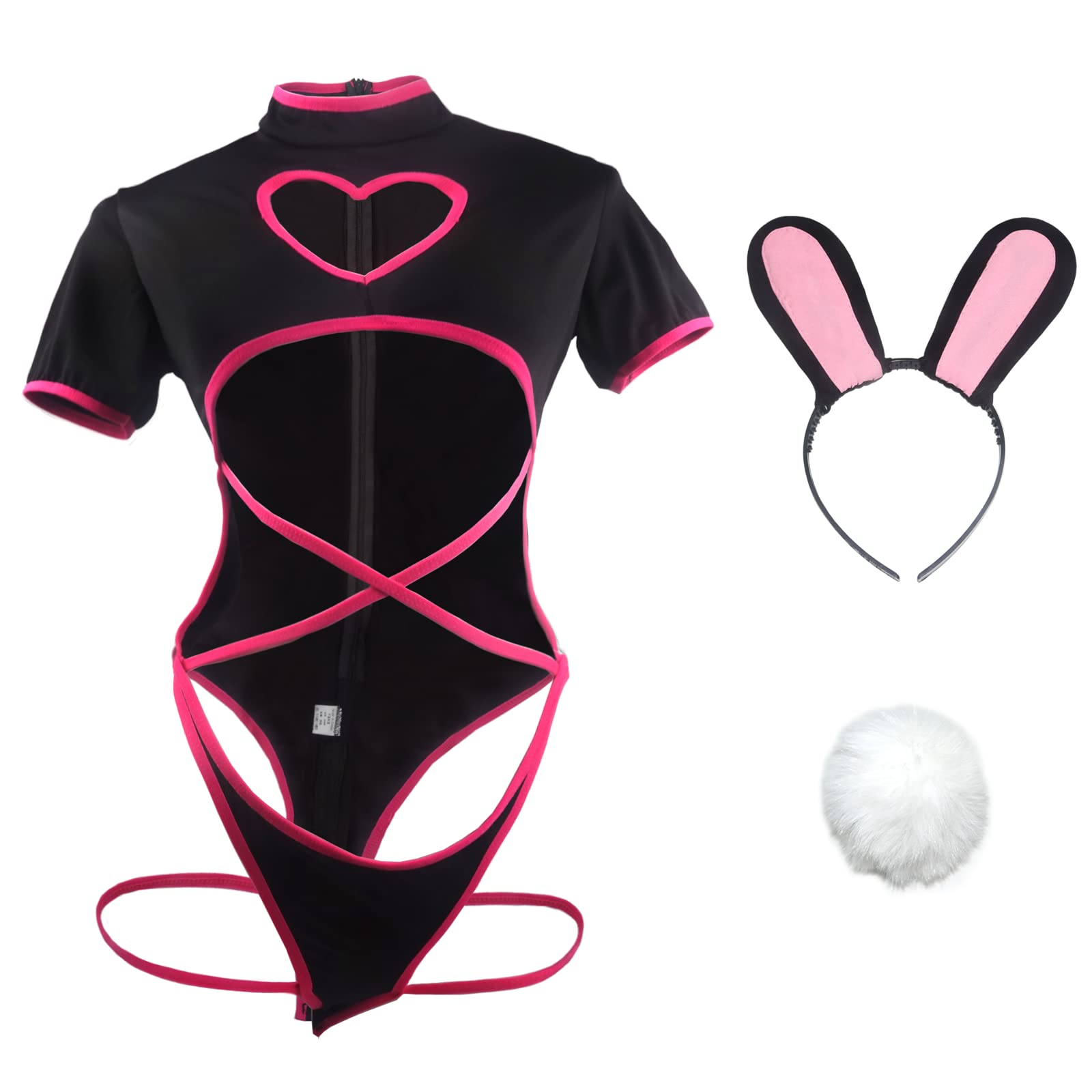 paloli Womens Bunny Girl Cosplay Costume Sexy, One Piece Anime Cutout Heart Front Bodysuit Role Cute Outfit Set: Medium