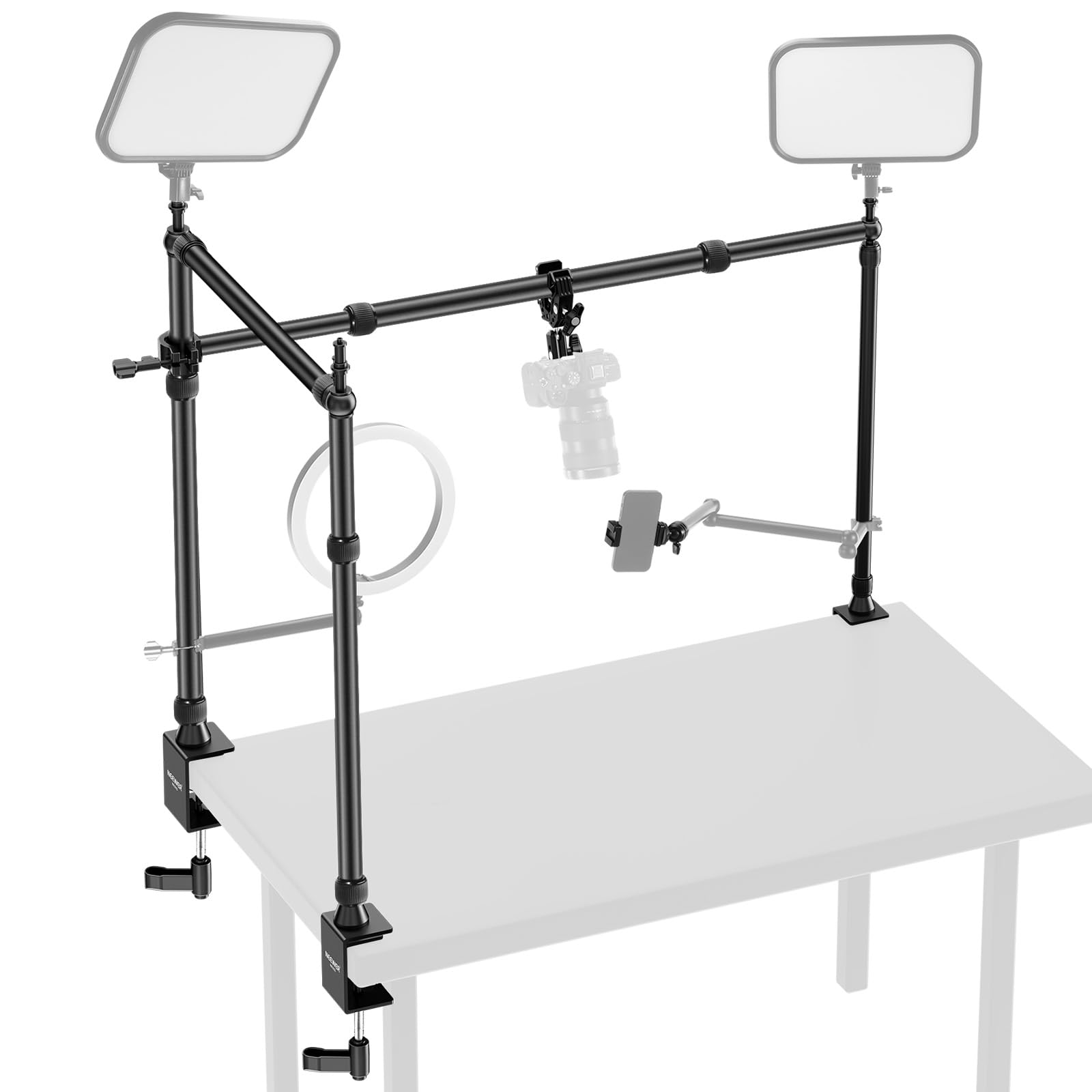 NEEWER Overhead Camera Mount Rig with 2 Ball Heads, Super Clamp/Mobile Phone Holder/Camera Desk Mount, Multi Device Mount, Platform Overhead Tripod, Adjustable Height Width, Max Load 12 kg, NK002: Overhead Rig with 3 C Clamp Stand