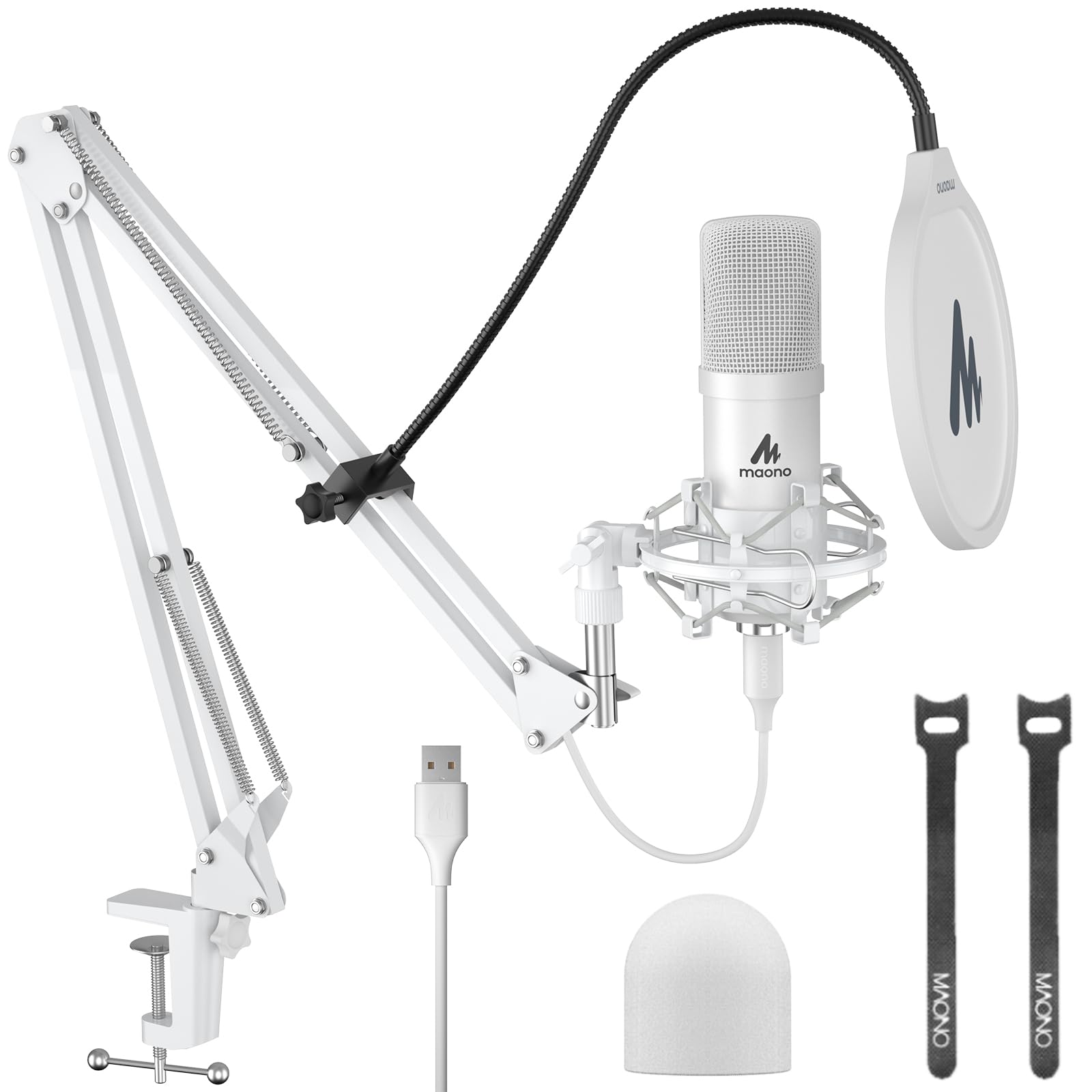 USB Microphone, MAONO 192KHZ/24Bit Plug & Play PC Computer Podcast Condenser Cardioid Metal Mic Kit with Professional Sound Chipset for Recording, Gaming, Singing, YouTube (AU-A04): White