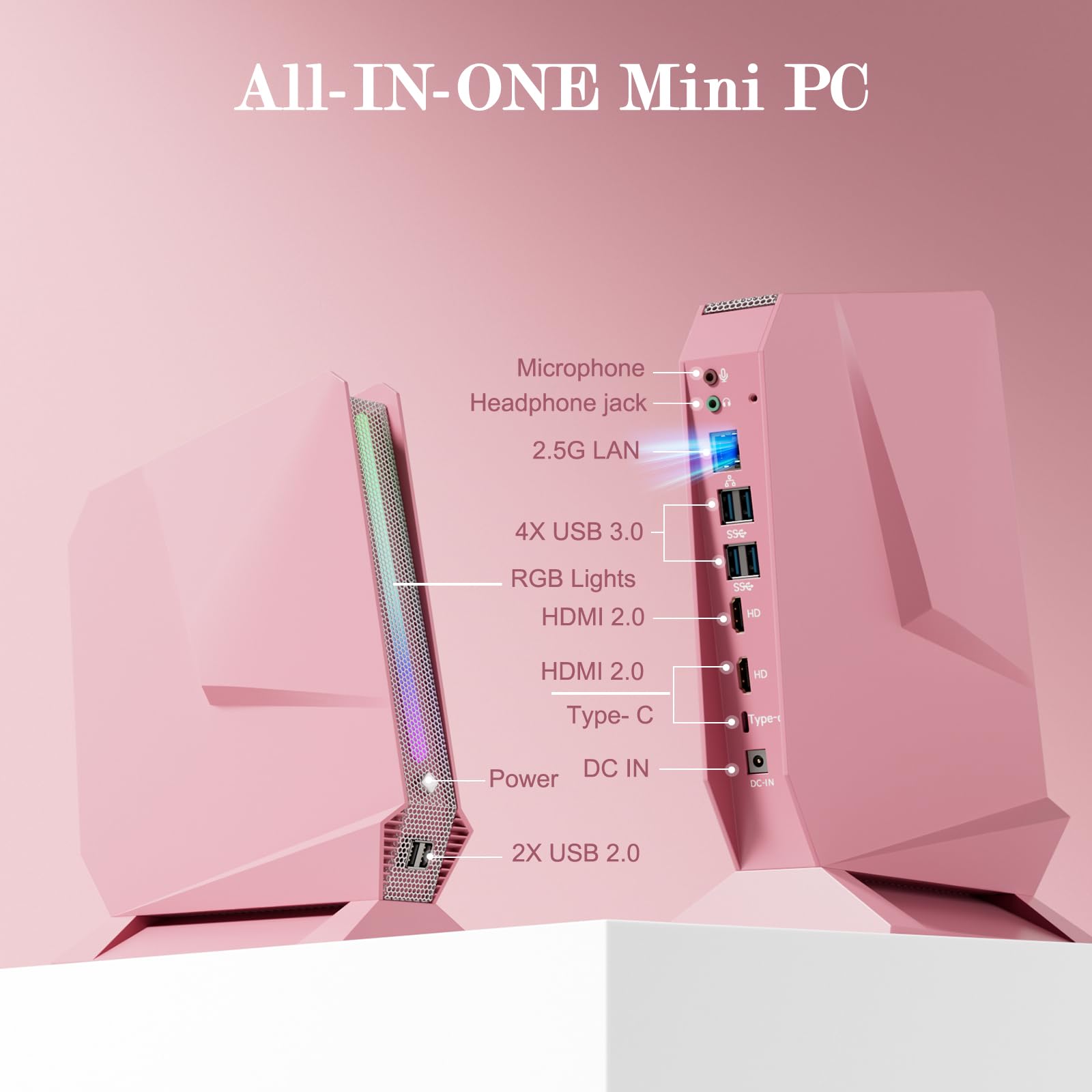Mini PC, 13Th Gen Intel i9-13900HK Gaming PC, Nvidia RTX 4060 Graphics Mini Computers with RGB Lights, 32GB DDR5 RAM, 1TB PCIe G4x4 SSD, 2X HDMI + Type-C, 2.5G LAN, WiFi Ready, Pink