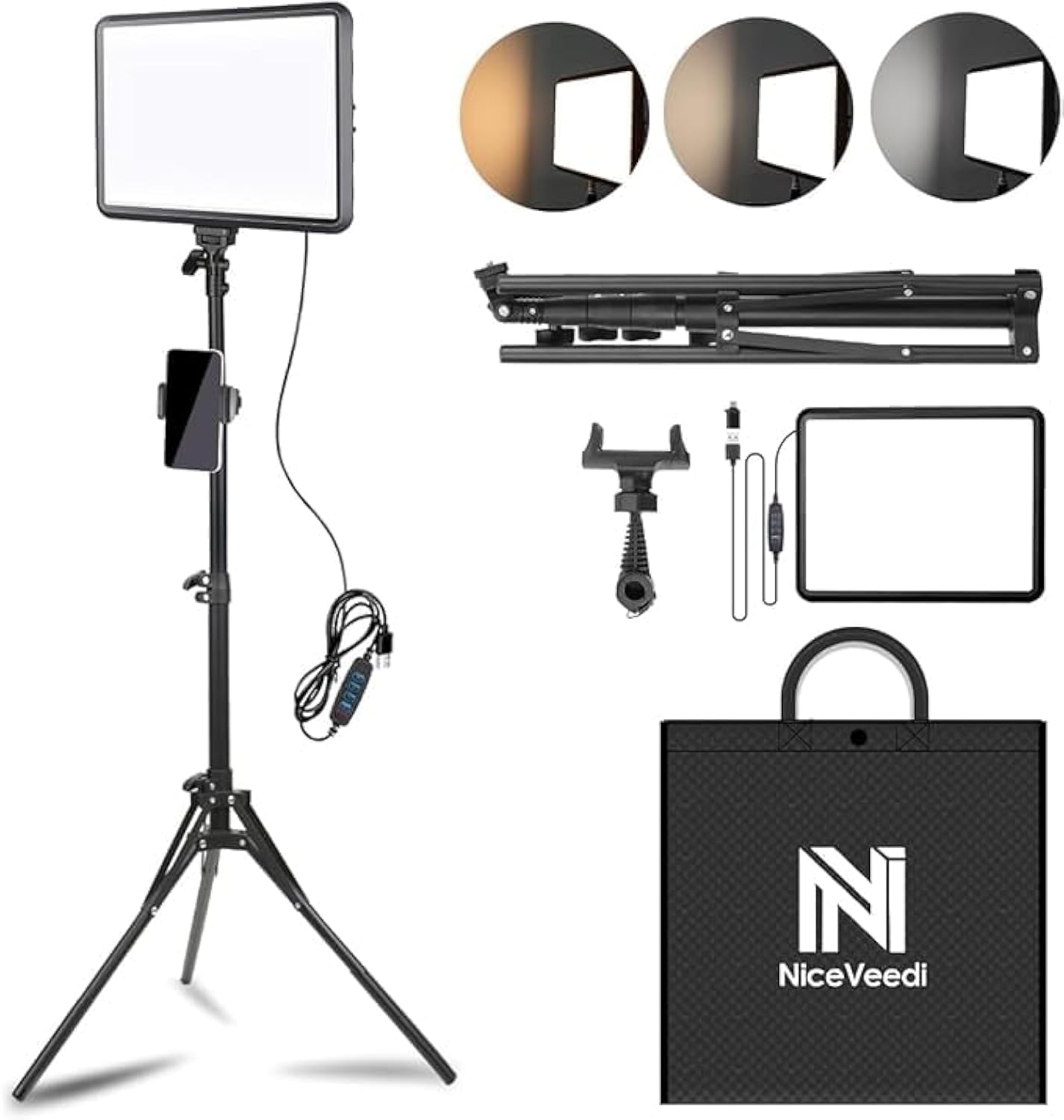 2-Pack Photography Lighting Kit, NiceVeedi 22W LED Video Light Kit, 2900-7000K Dimmable Studio Light with Tripod Stand, 73" Stream Light for Video Recording: 15W-1 Packs(USB-C Adapters)