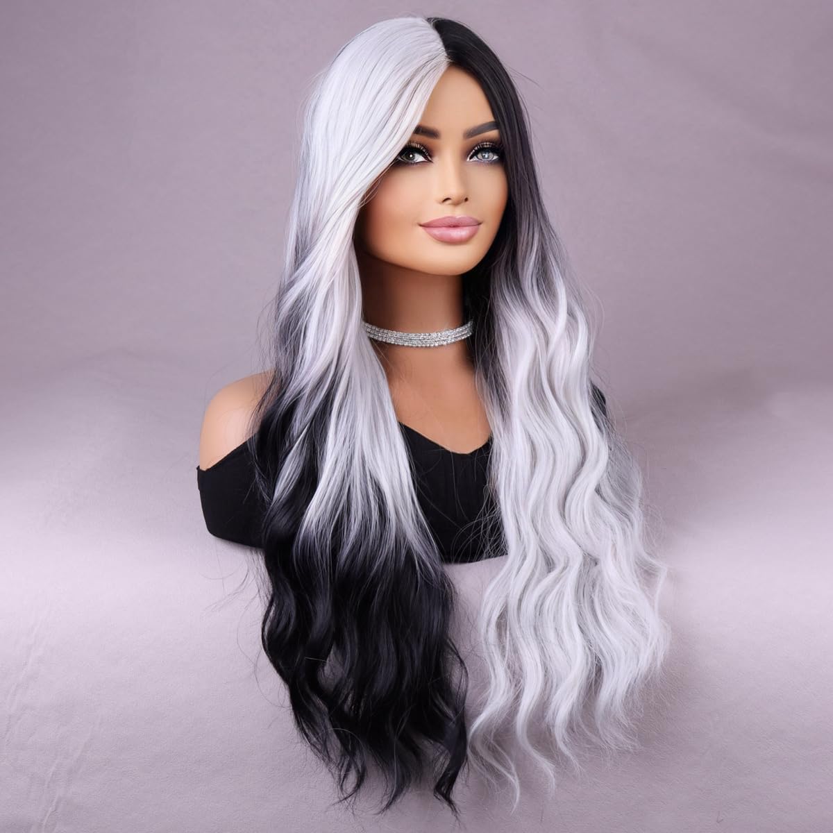 MAGQOO  Flame Fire Wig - Long Curly Wavy Ombre Wigs for Women & Girls - Middle Part, Heat Resistant, High Density Synthetic Wigs: Black White