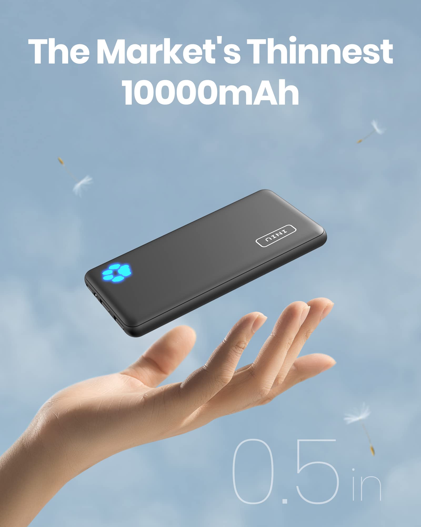 INIU Portable Charger, Slimmest 10000mAh 5V/3A Power Bank, USB C in&out High-Speed Charging Battery Pack, External Phone Powerbank Compatible with iPhone 16 15 14 13 12 Samsung S22 S21 Google iPad etc: Classic Size Black