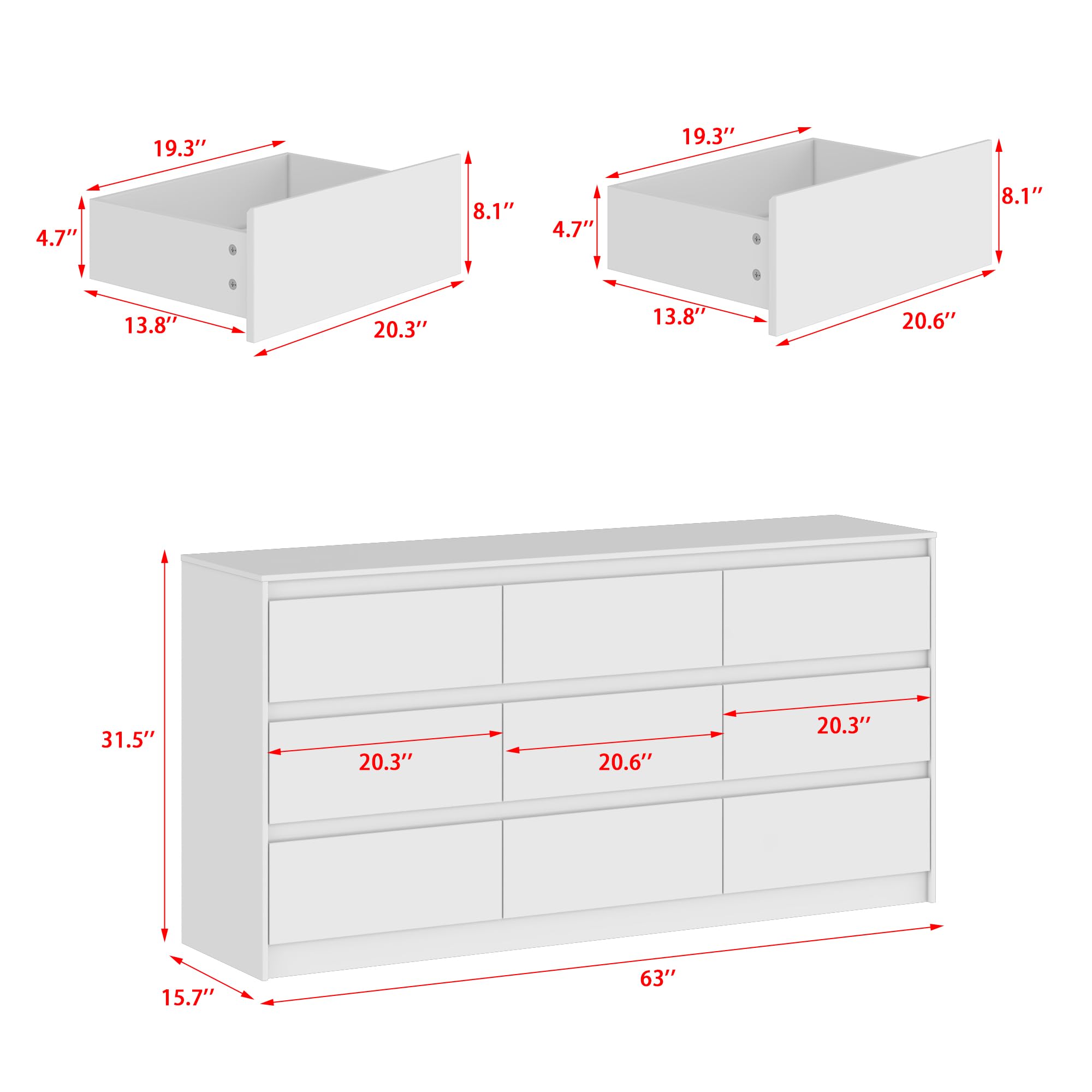 Hitow 9 Drawer Dresser for Bedroom with Deep Drawers, Large Floor Wood Dressers & Chest of Drawers Handle Free, Modern White Long Dressers for Closet Living Room, Euro Slide (63"W x 15.7"D x 31.5"H)
