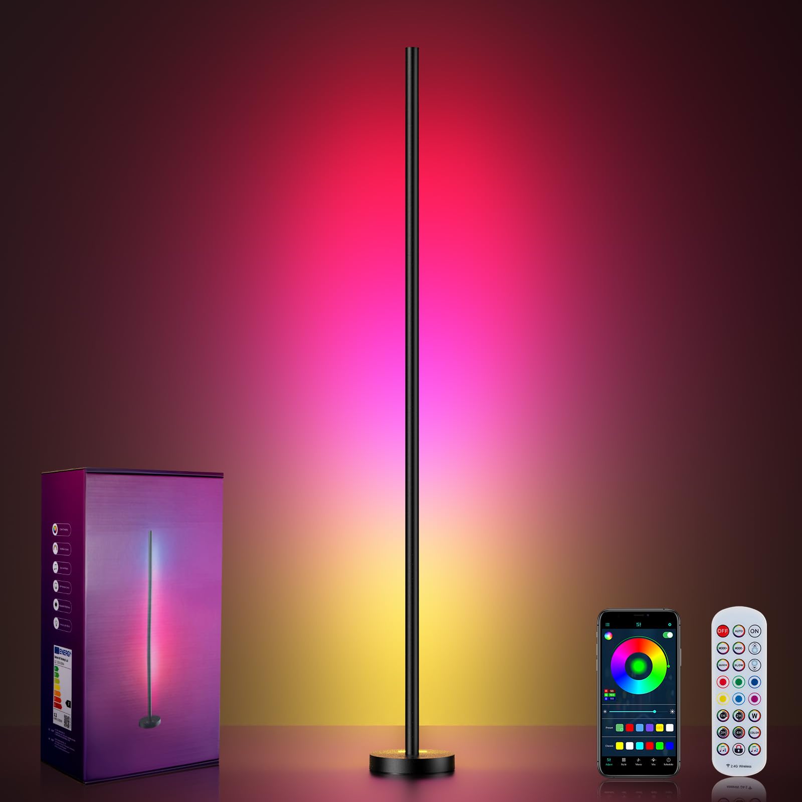 OIYN Smart RGBICW LED Corner Floor Lamp - 16 Million DIY Colors, 68+ Scenes, Music Sync, App & Remote Control, Color-Changing Ambient Lighting for Living Rooms, Bedrooms, and Gaming Rooms: 1 Pack
