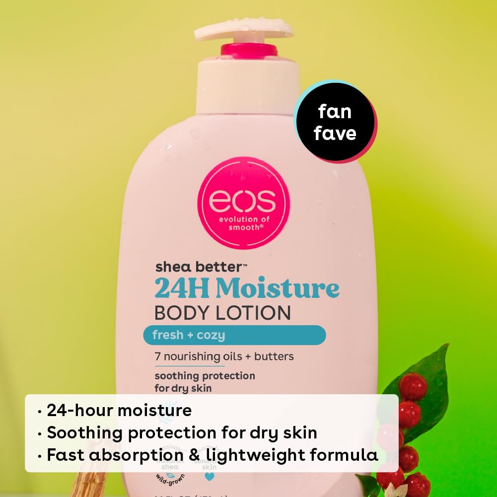 eos Shea Better Body Lotion- Pomegranate Raspberry, 24-Hour Moisture Skin Care, Lightweight & Non-Greasy, Made with Natural Shea, Vegan, 16 fl oz: Fresh & Cozy 2.5 Fl Oz (Pack of 2)