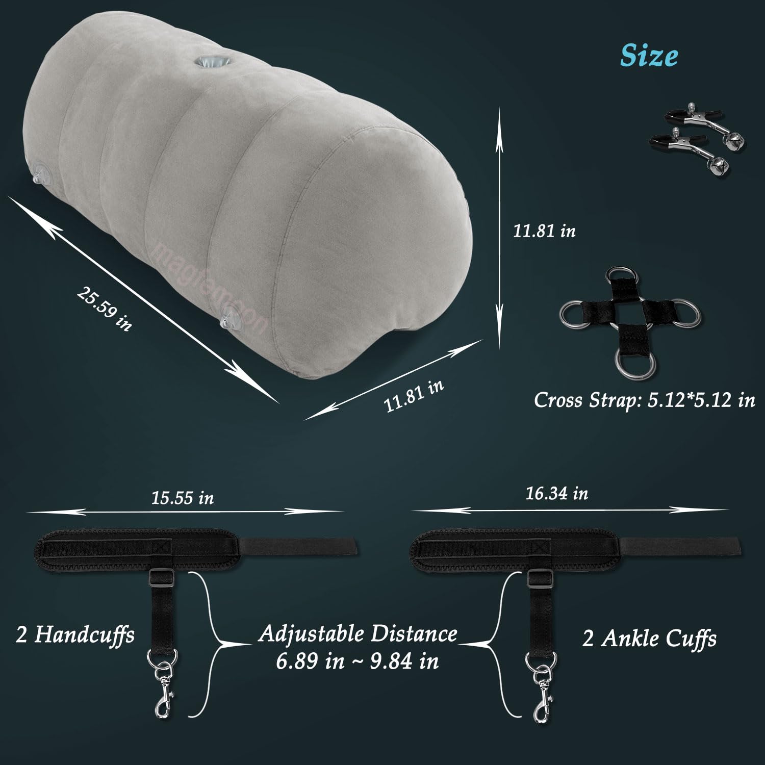 Sex Pillow Couples Sex Toys, Heart Shaped Inflatable Cushion Furniture for Bedroom Dildo Mount, Upsize Wedge with Bondage Cuffs, Cross Strap, Nipple Clamps BDSM Kit