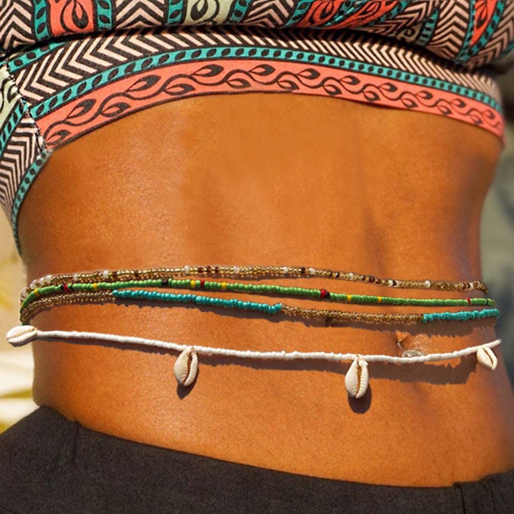 Urieo African Shell Elastic Waist Beads Chain Colorful Stretchy Belly Bead Layered Beaded Bikini Beach Waist Chains for Women: Urieo African Shell Elastic Waist Beads Chain Colorful Stretchy Belly Bead Layered Beaded Bikini Beach Waist Chains for Women