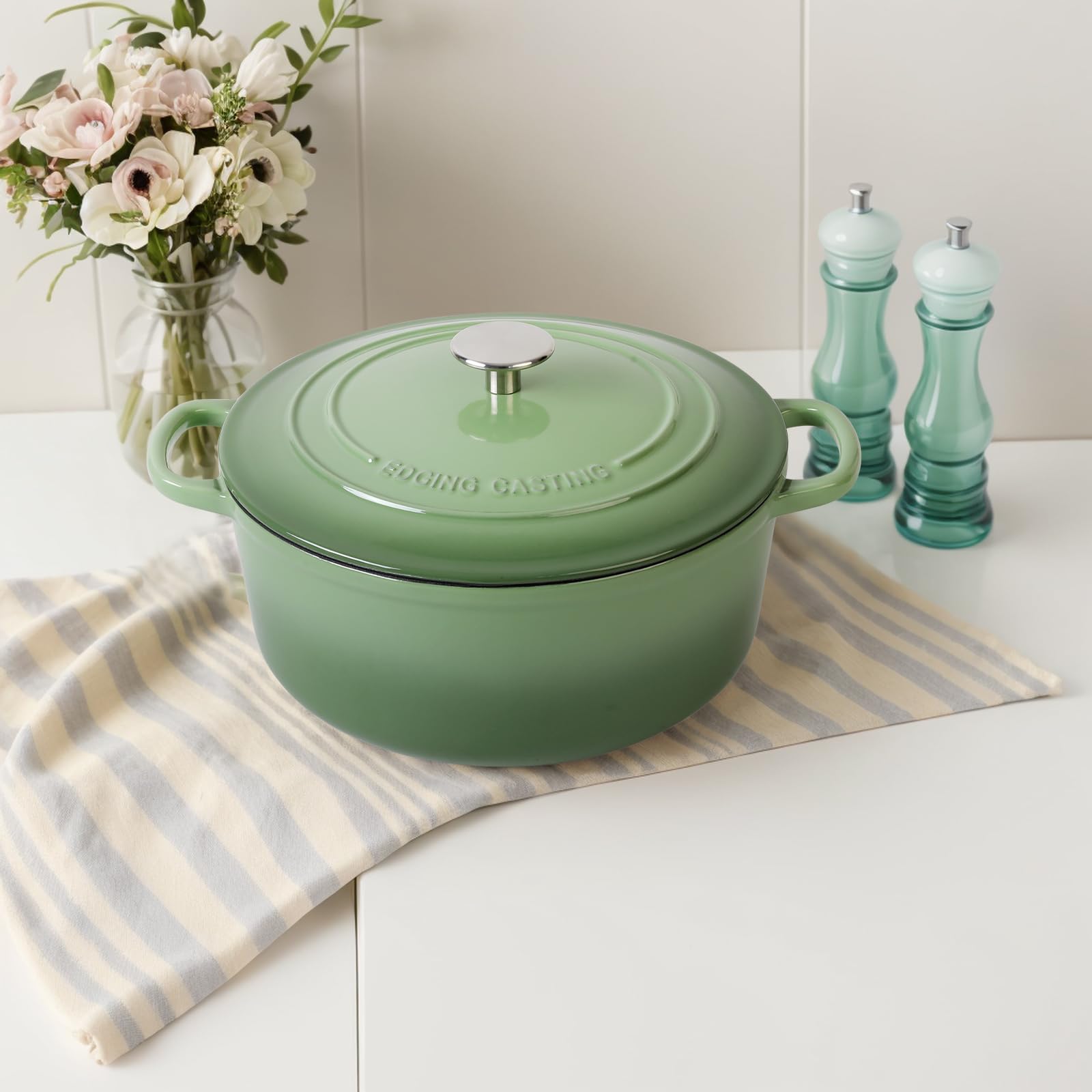 EDGING CASTING Enameled Cast Iron Covered 5.5 Quart Dutch Oven with Dual Handle, Dutch Ovens with Lid for Bread Baking, Pink: 7QT Pistachio Green