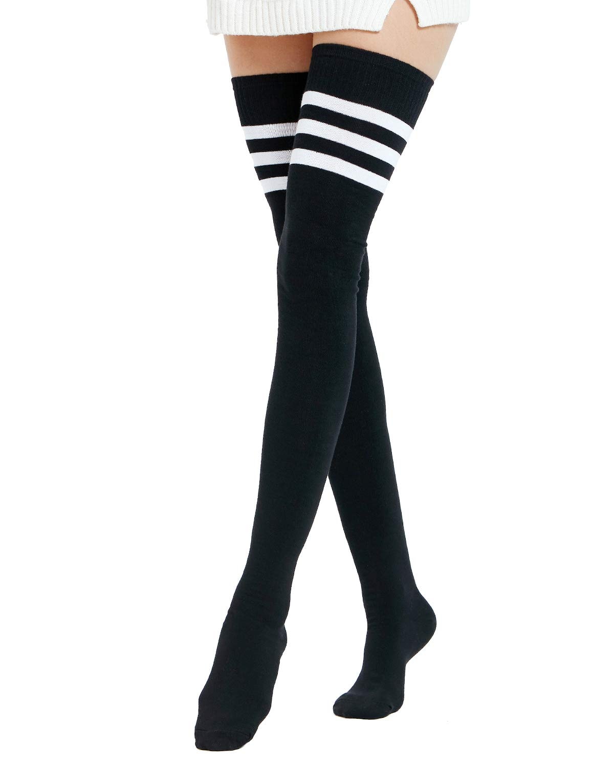 Kayhoma Extra Long Cotton Stripe Thigh High Socks Over the Knee High Plus Size Stockings…: Black