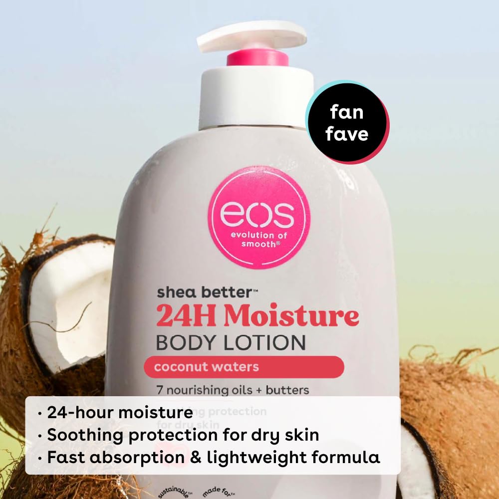 eos Shea Better Body Lotion- Pomegranate Raspberry, 24-Hour Moisture Skin Care, Lightweight & Non-Greasy, Made with Natural Shea, Vegan, 16 fl oz: Coconut Waters 16 Fl Oz (Pack of 1)