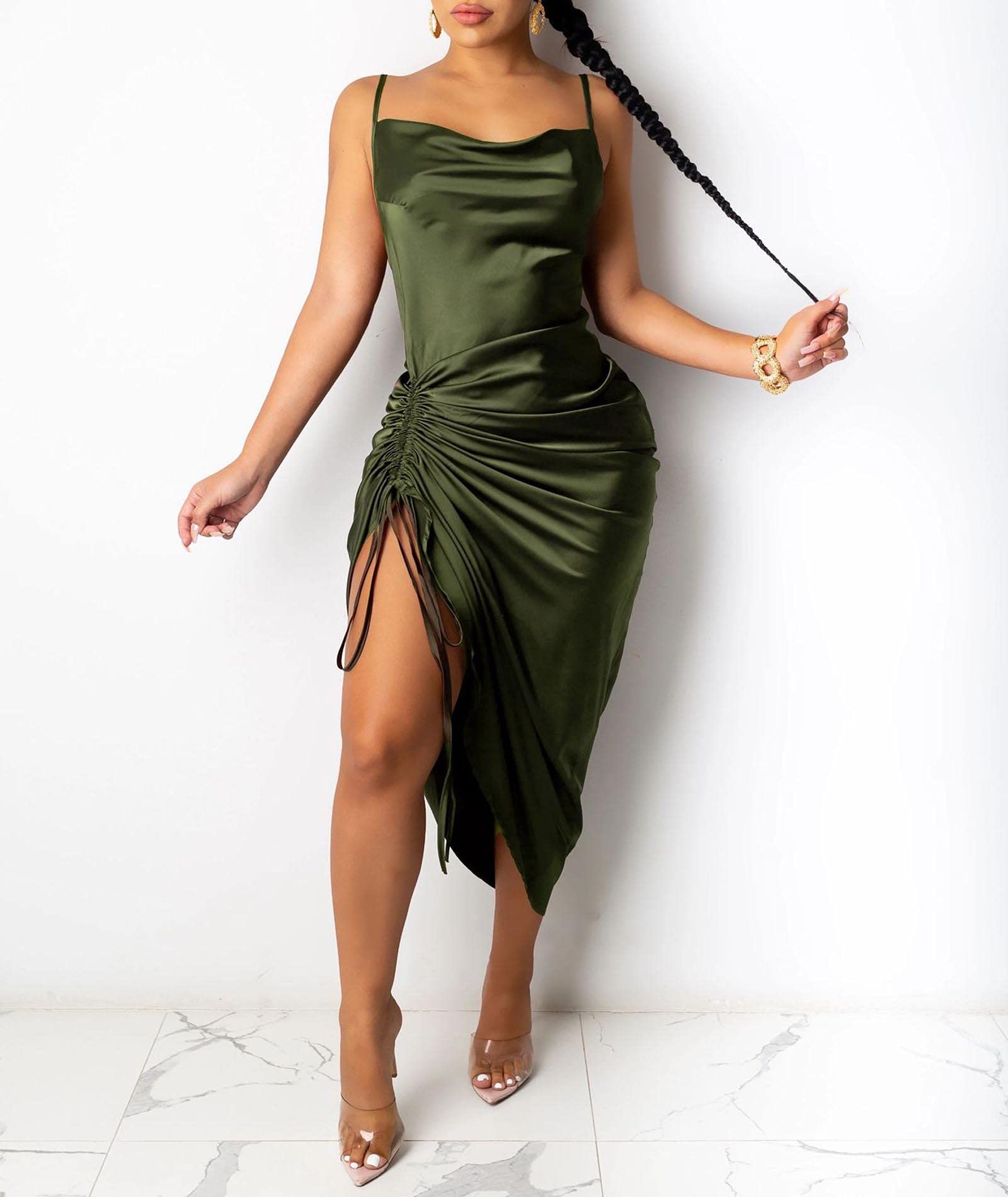xxxiticat Women's Spaghetti Strap Satin Dress Sleeveless Cowl Neck Draped Slit Lace Up Drawstring Ruched Cocktail Midi Dress thumbnail 3