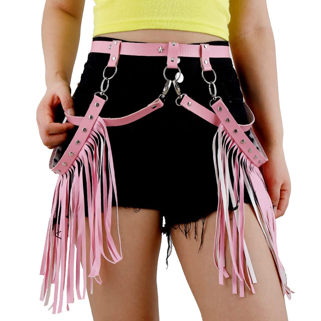 Asooll Punk Leather Waist Chain Tassel Fringe Belly Belt Harness Bikini Rave Body Accessories Jewerly for Women and Girls: Pink