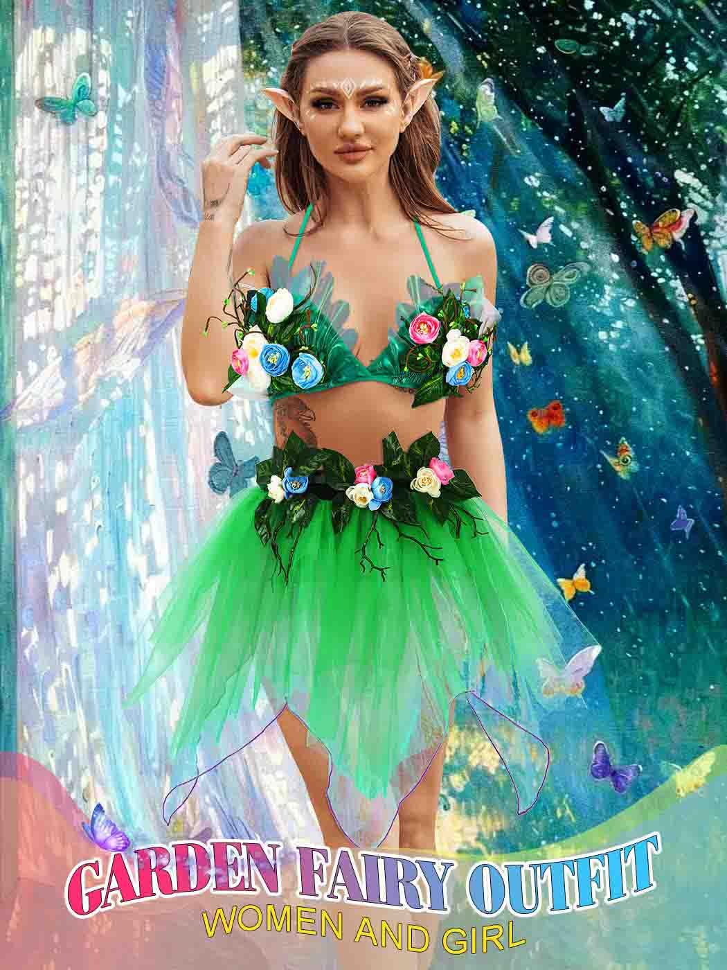 TWINKLEDE Women's Fairy Outfit Costume Floral Elf Tulle Tutu Skirt Forest Princess 3D Floral Bra Tops and Elf Ears