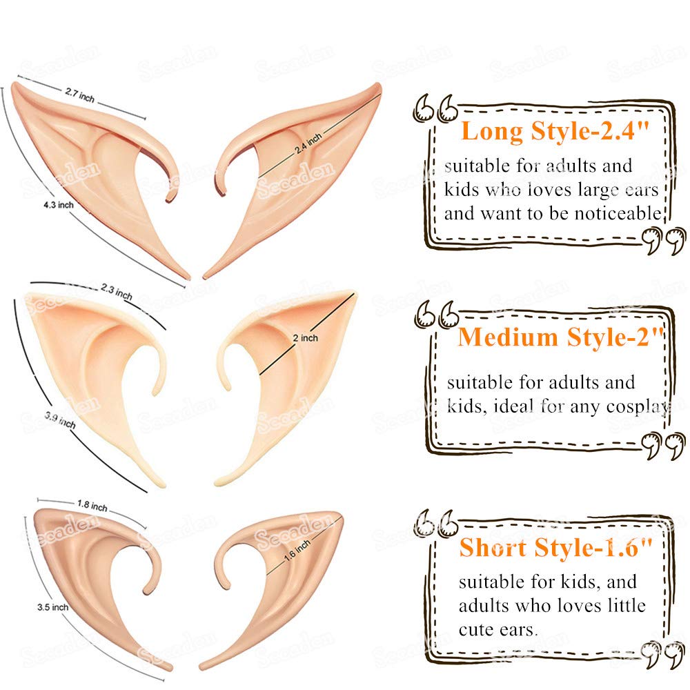 Secaden Cosplay Fairy Pixie Elf Ears Soft Pointed Ears Tips Anime Party Dress Up Costume Accessories (): Long Style