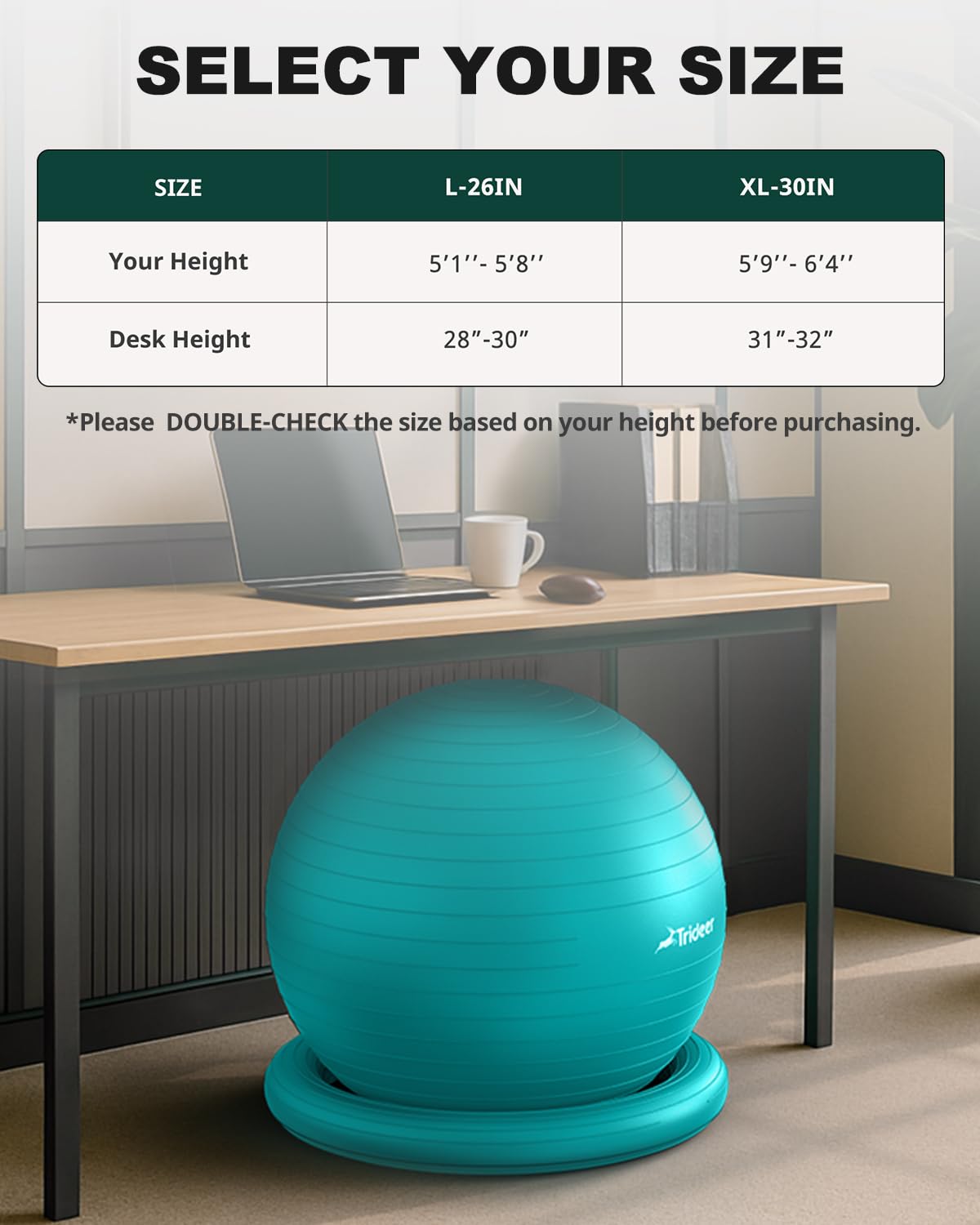 Trideer Yoga Ball Chair with Base - Stability & Fitness Ball Seat for Home Office, Pregnancy & Workout: L(23-26ines/58-65cm) Turkis