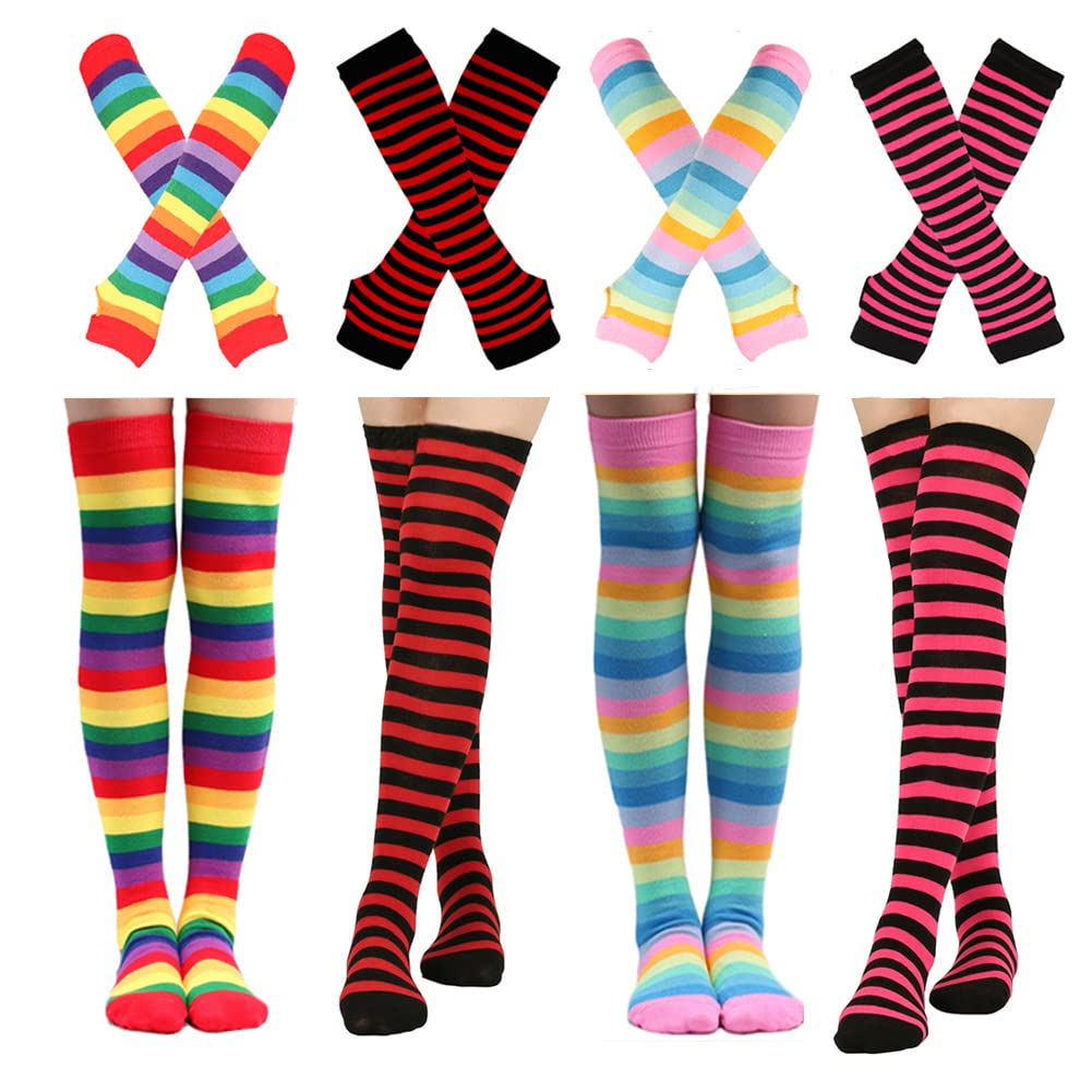 Barrlves 2/4 Sets Womens Striped Knee High Socks Long Knitted Arm Warmers Fingerless Gloves for Halloween Costume thumbnail 1